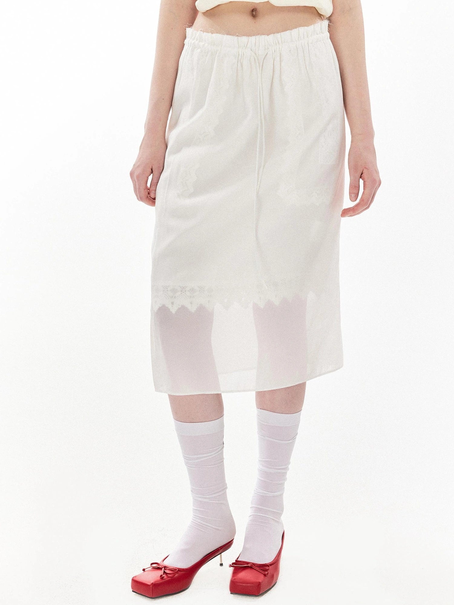 DKZ OFFICIAL Sheer Lace Straight Skirt In White