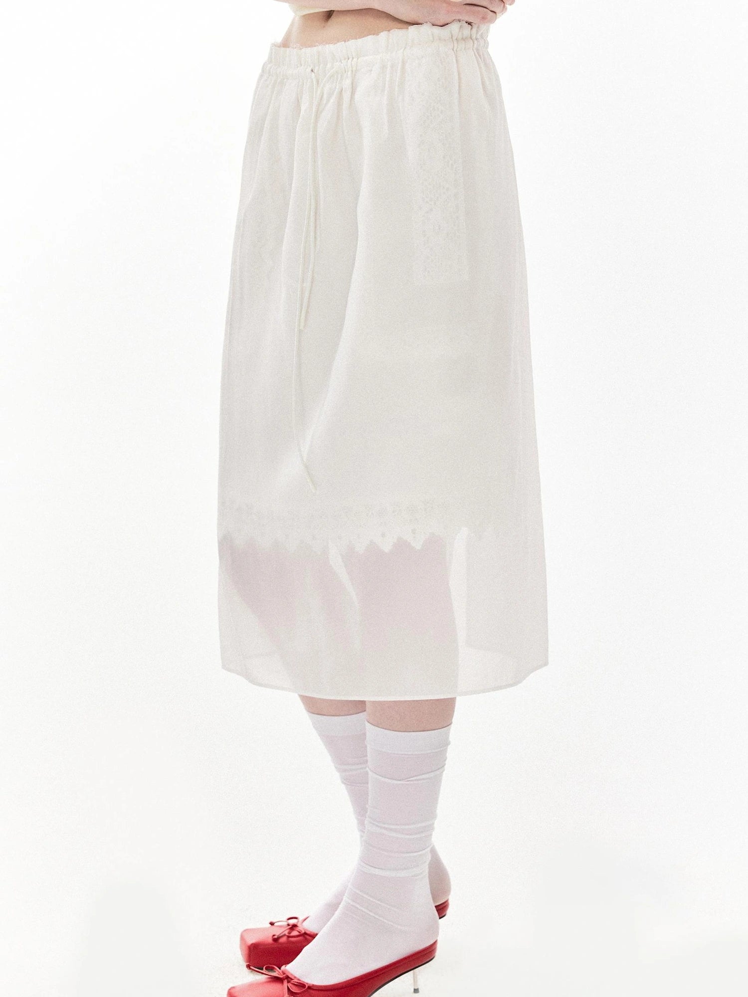 DKZ OFFICIAL Sheer Lace Straight Skirt In White
