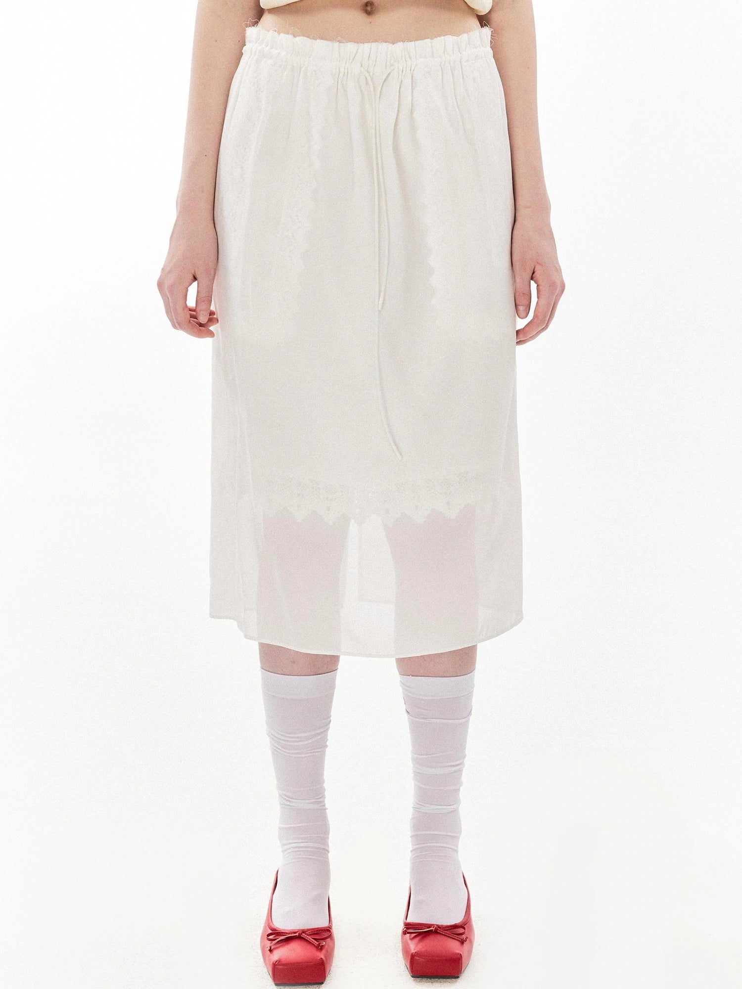 DKZ OFFICIAL Sheer Lace Straight Skirt In White