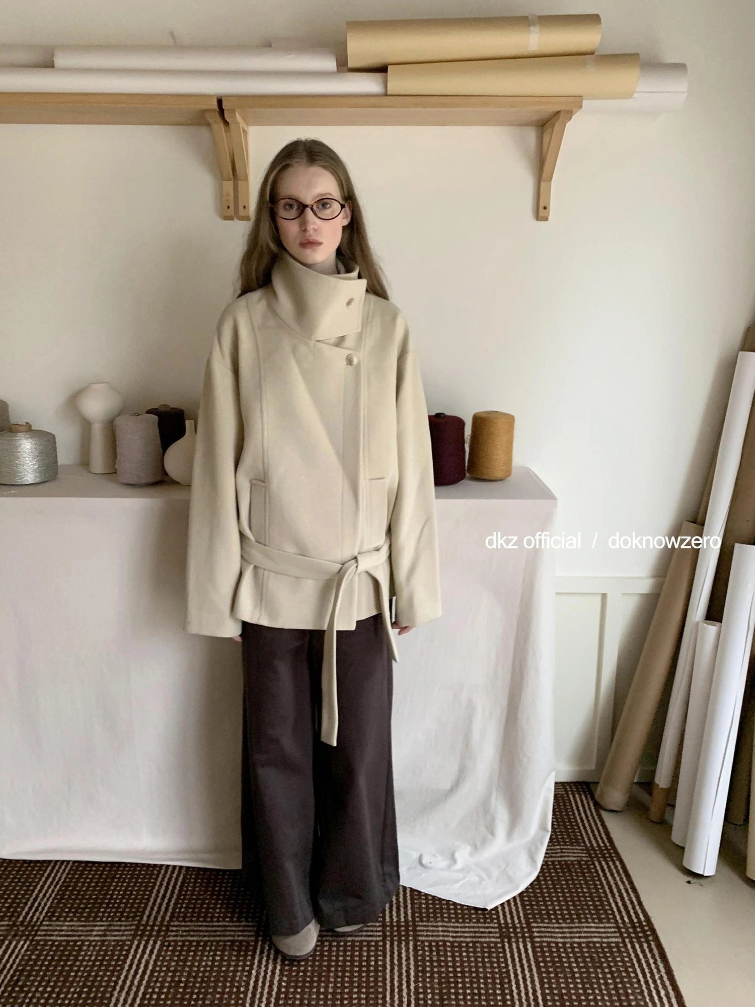 DKZ OFFICIAL Short Wool Blend Trench Coat With Stand Collar