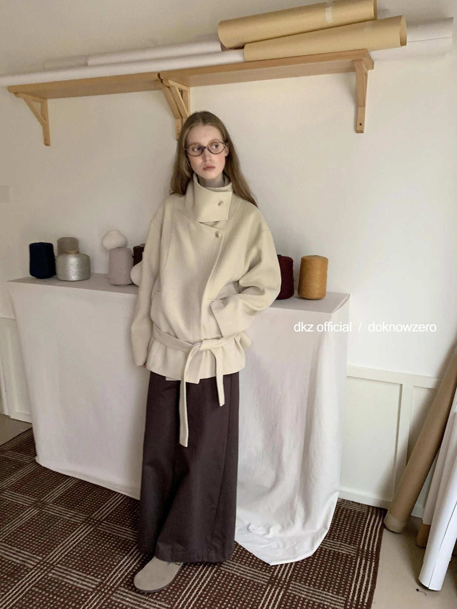 DKZ OFFICIAL Short Wool Blend Trench Coat With Stand Collar