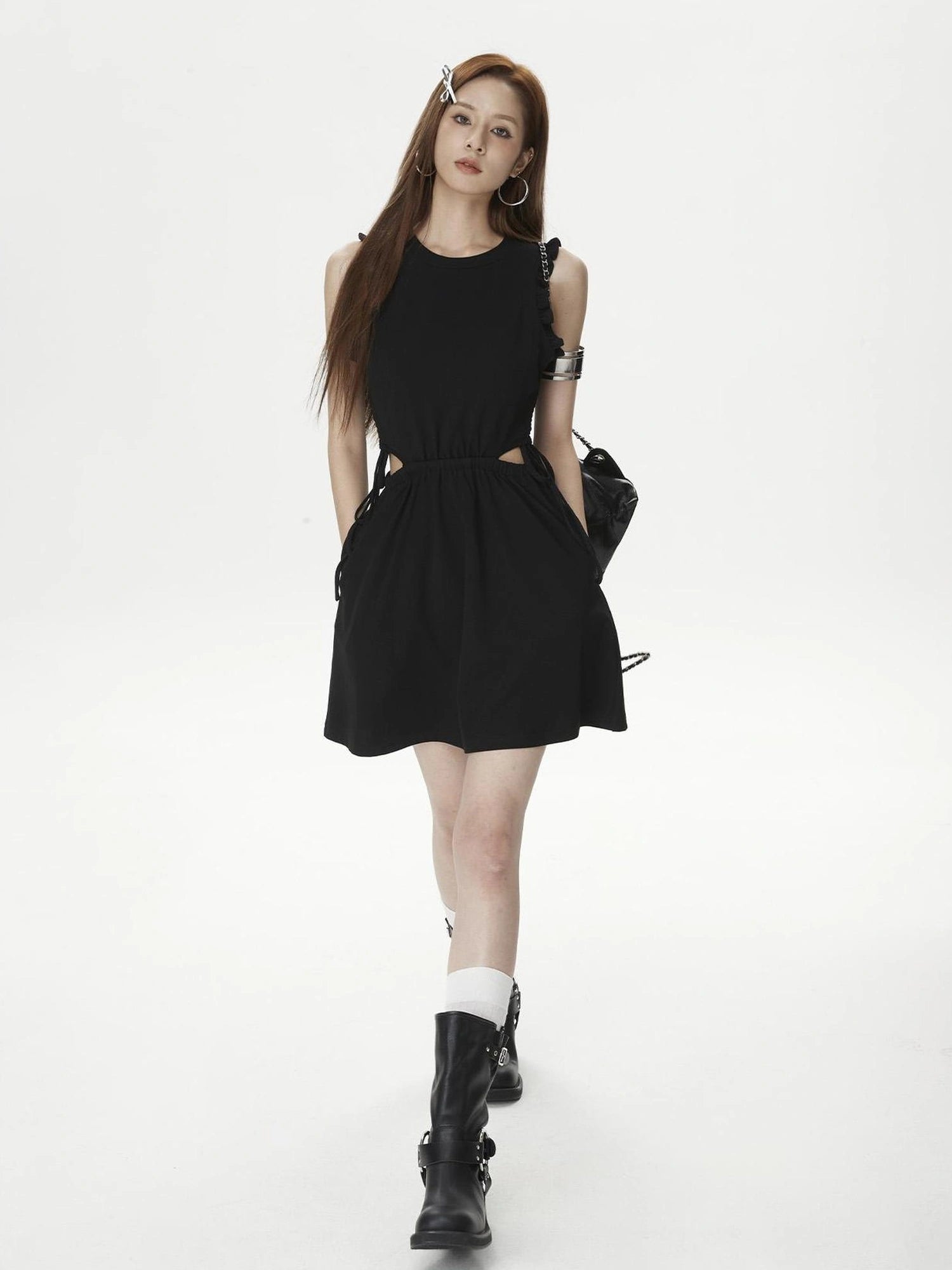 DKZ OFFICIAL Sleeveless Petal Sleeve Bodycon Black Mini Dress