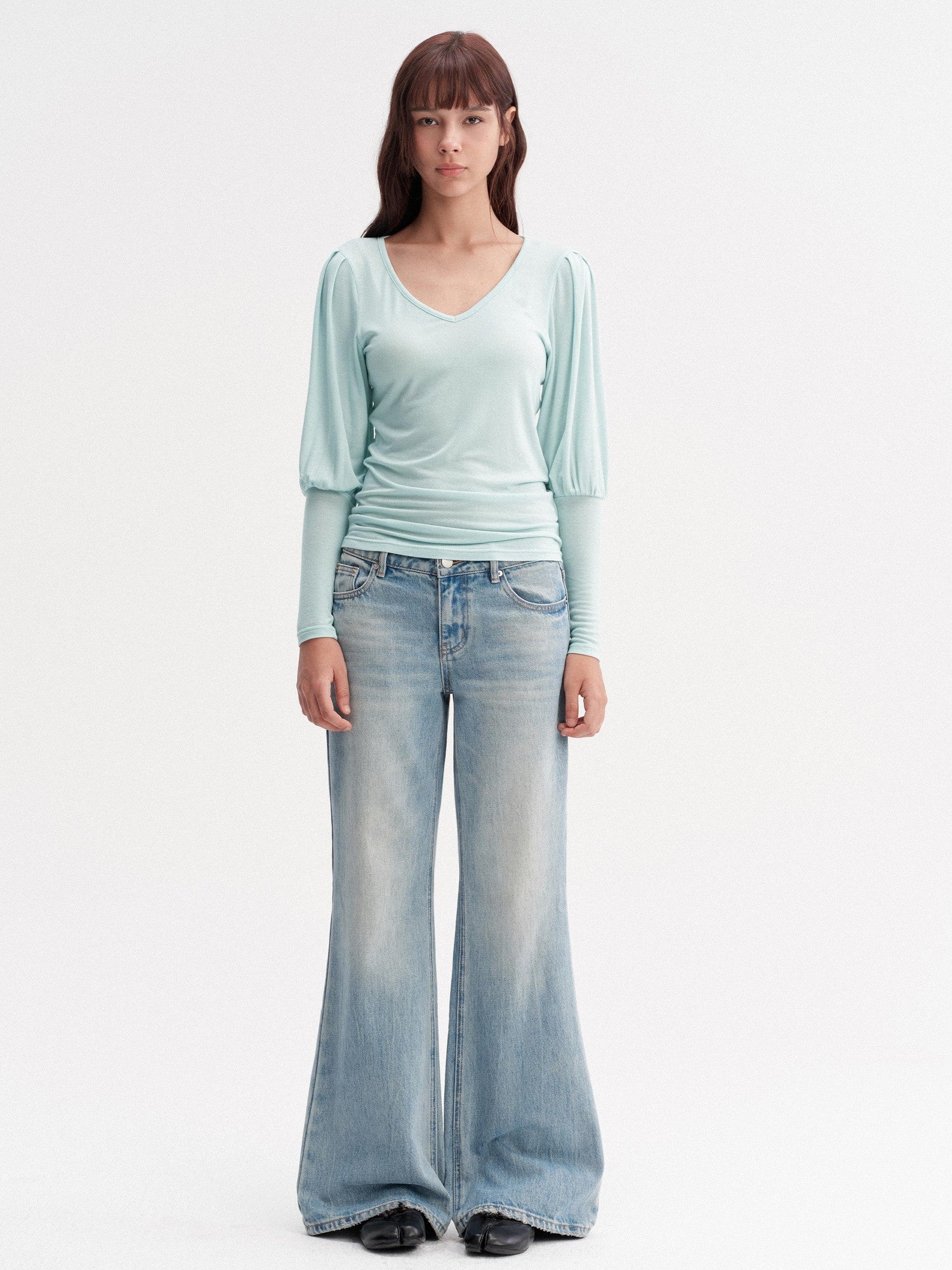 DKZ OFFICIAL Slim V-neck Puff Sleeves Women&