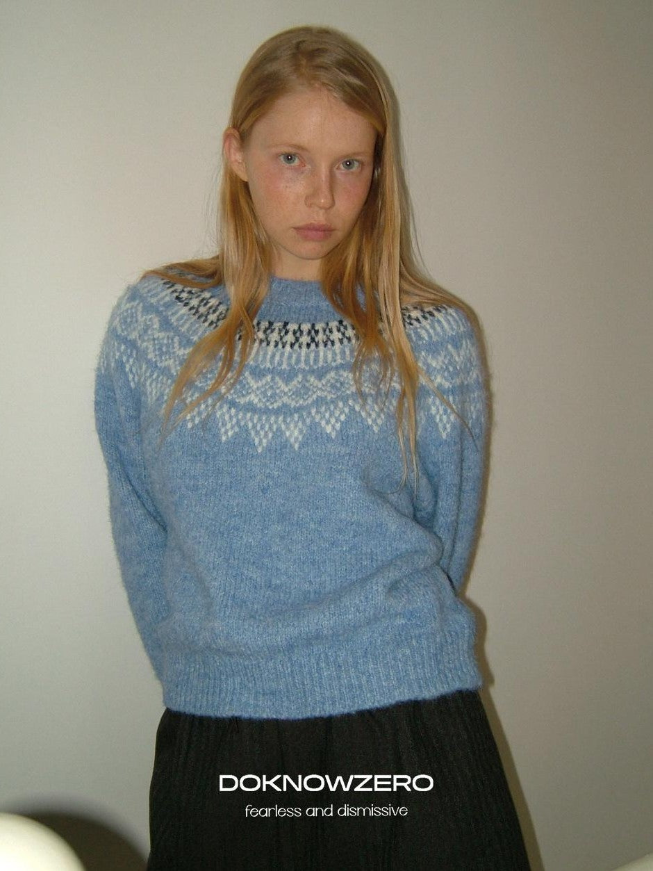 DKZ OFFICIAL Soft Jacquard Crew Neck Vintage Knit Women&