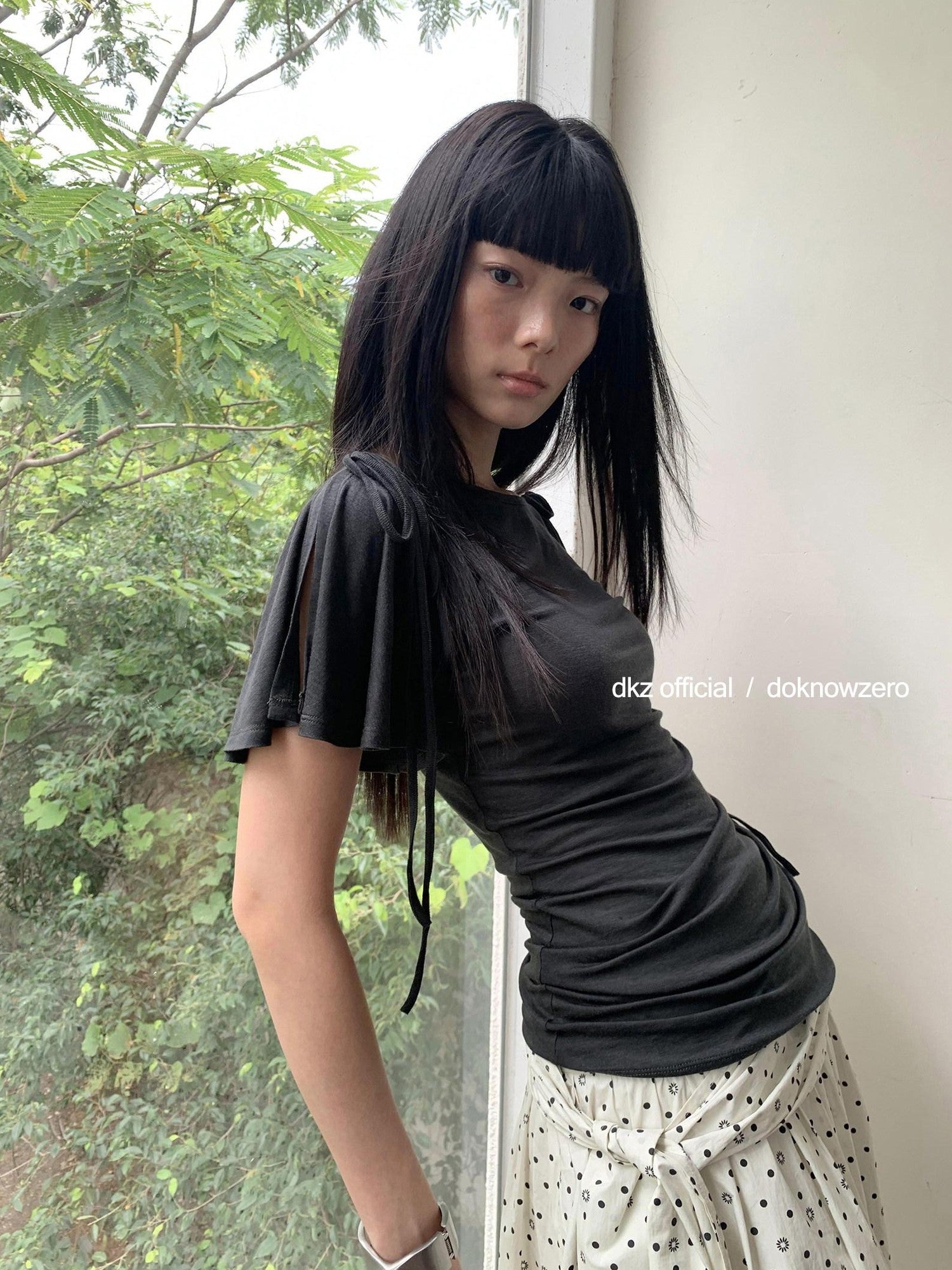 DKZ OFFICIAL Solid Split Puff Sleeve Bardot Women&