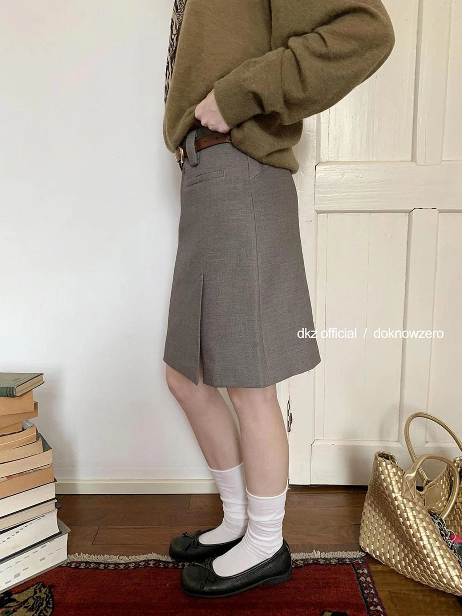 Straight Skirt With Side Slit For Women Retro Autumn Casual