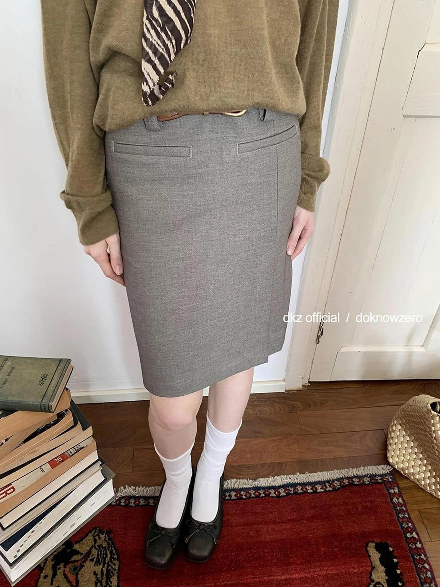 Straight Skirt With Side Slit For Women Retro Autumn Casual