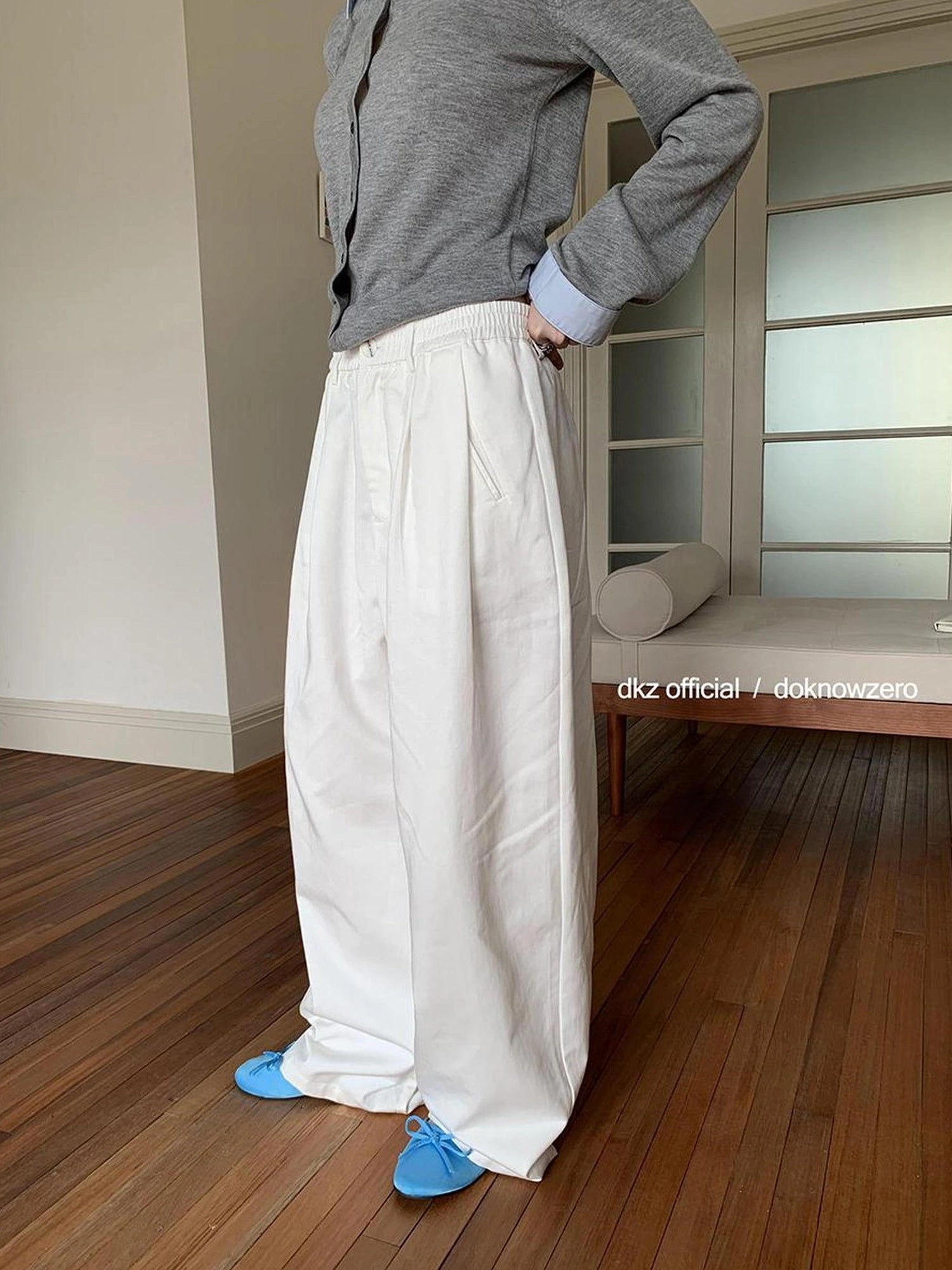DKZ OFFICIAL Stretch Waist Linen Blend Wide Leg Pants