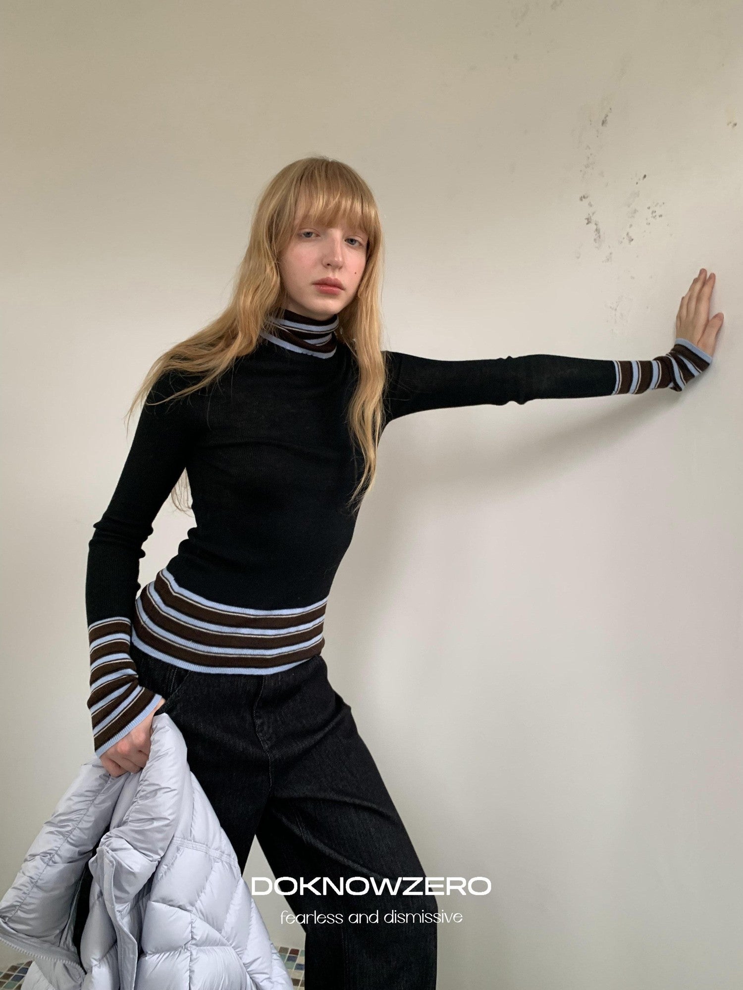 DKZ OFFICIAL Striped Contrast Patchwork High Neck Women&