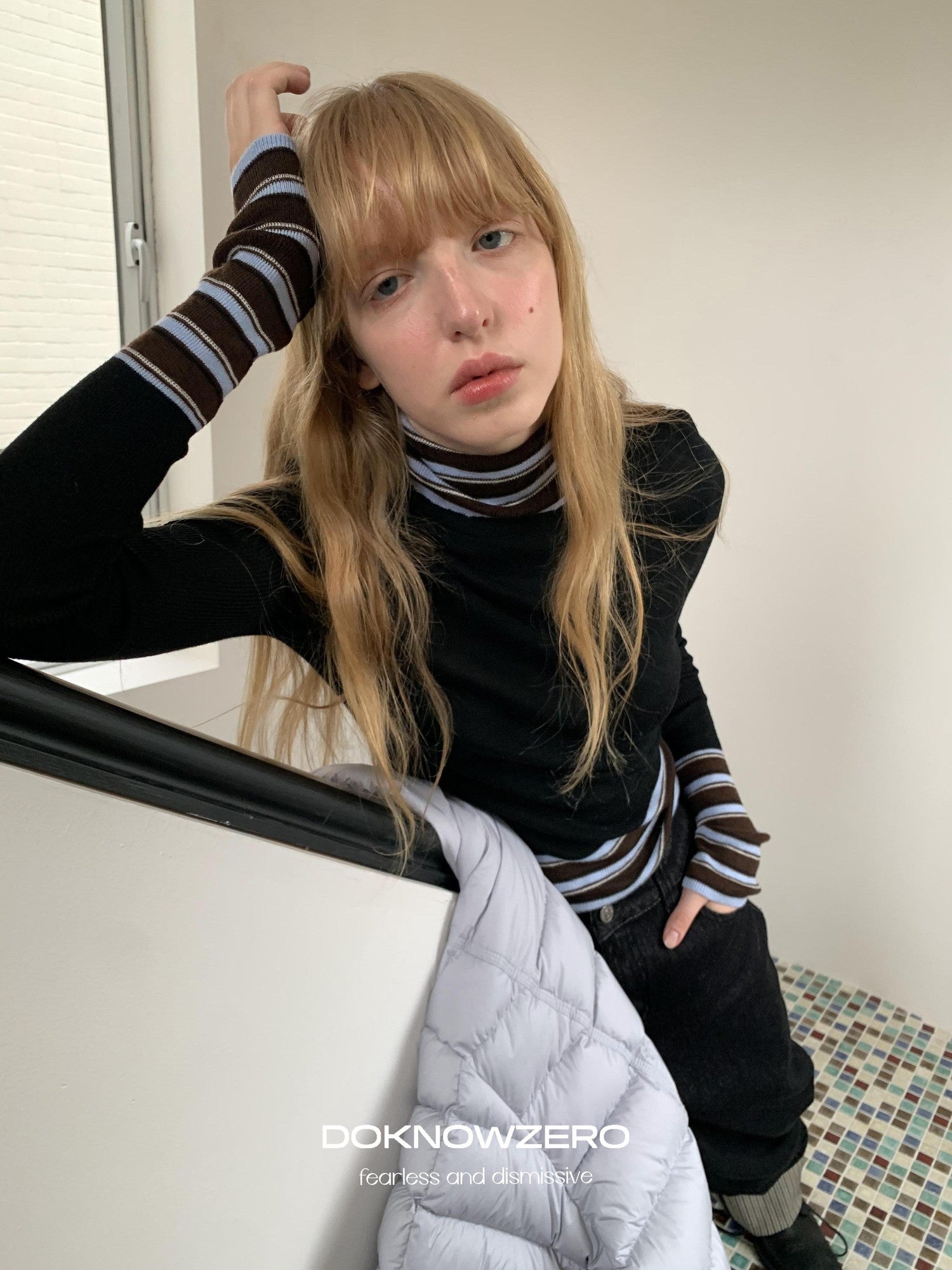DKZ OFFICIAL Striped Contrast Patchwork High Neck Women&