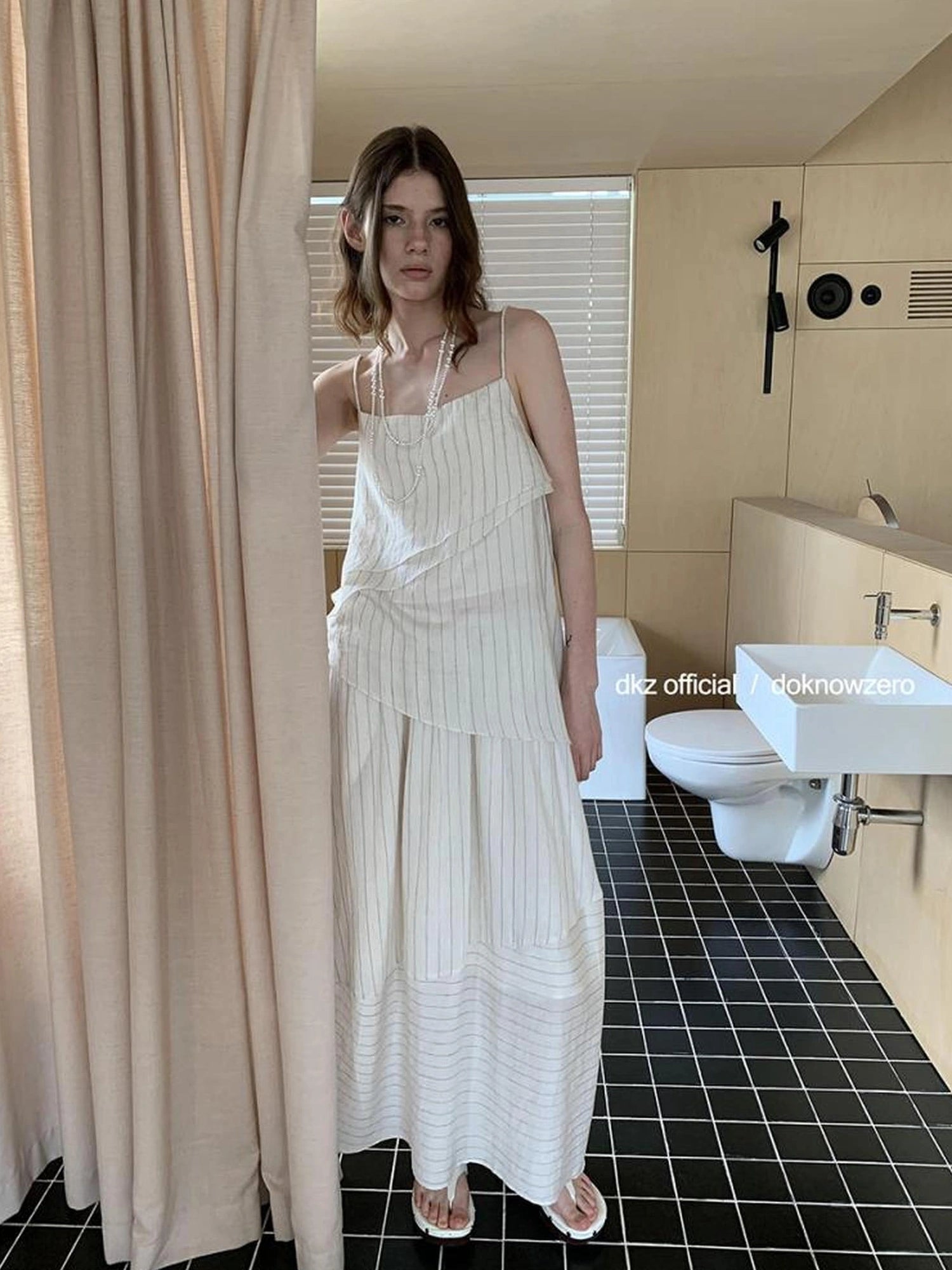 DKZ OFFICIAL Striped Irregular Camisole And Flounced Skirt Two Piece Set