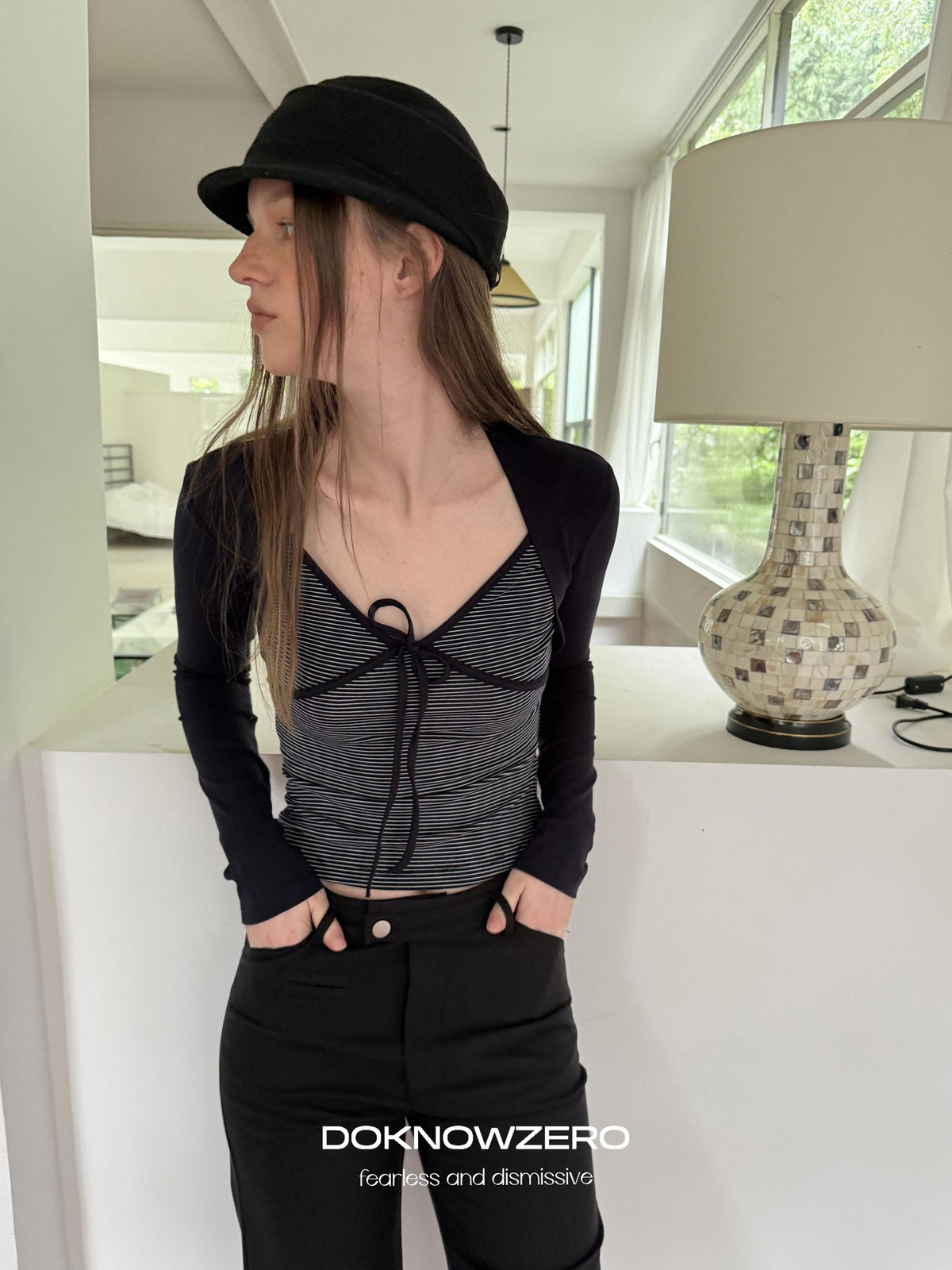DKZ OFFICIAL Striped Layered Tie Slim V-neck Women&