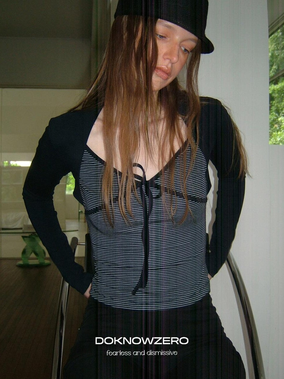 DKZ OFFICIAL Striped Layered Tie Slim V-neck Women&