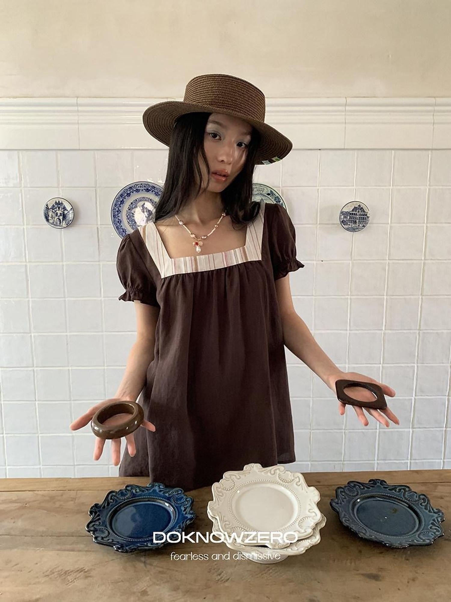 DKZ OFFICIAL Striped Patchwork Lantern Sleeve Women&