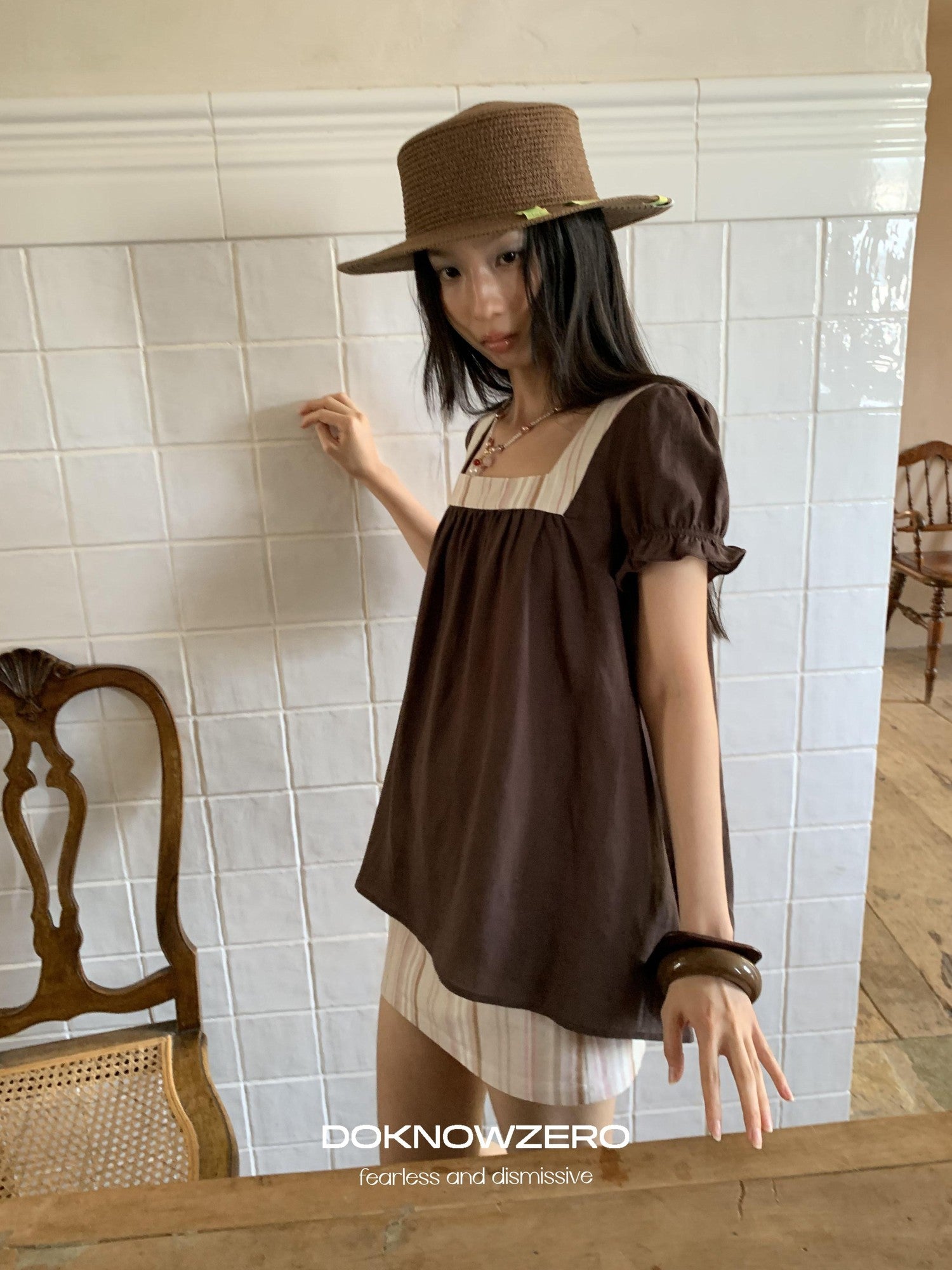 DKZ OFFICIAL Striped Patchwork Lantern Sleeve Women&