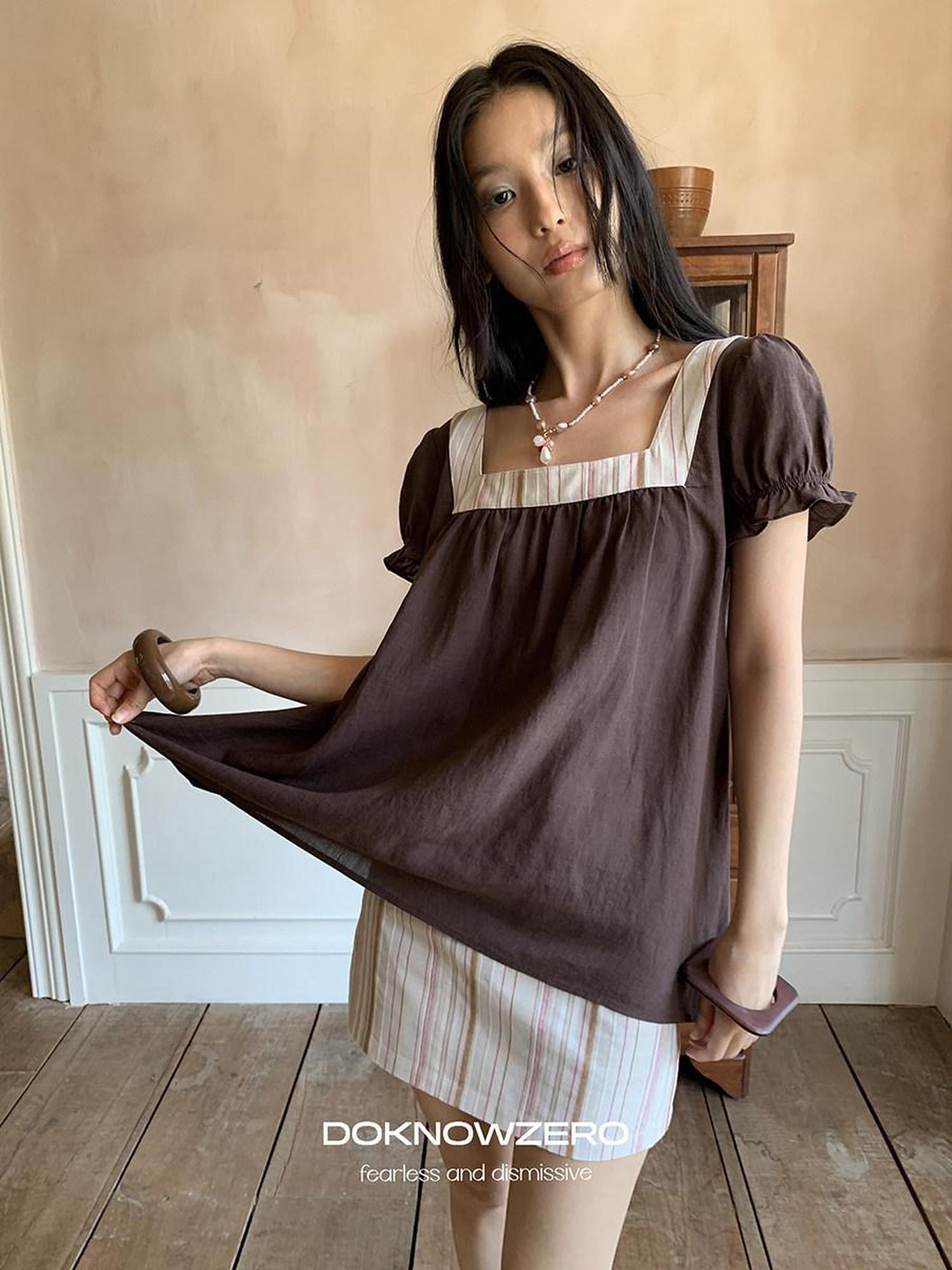 DKZ OFFICIAL Striped Patchwork Lantern Sleeve Women&