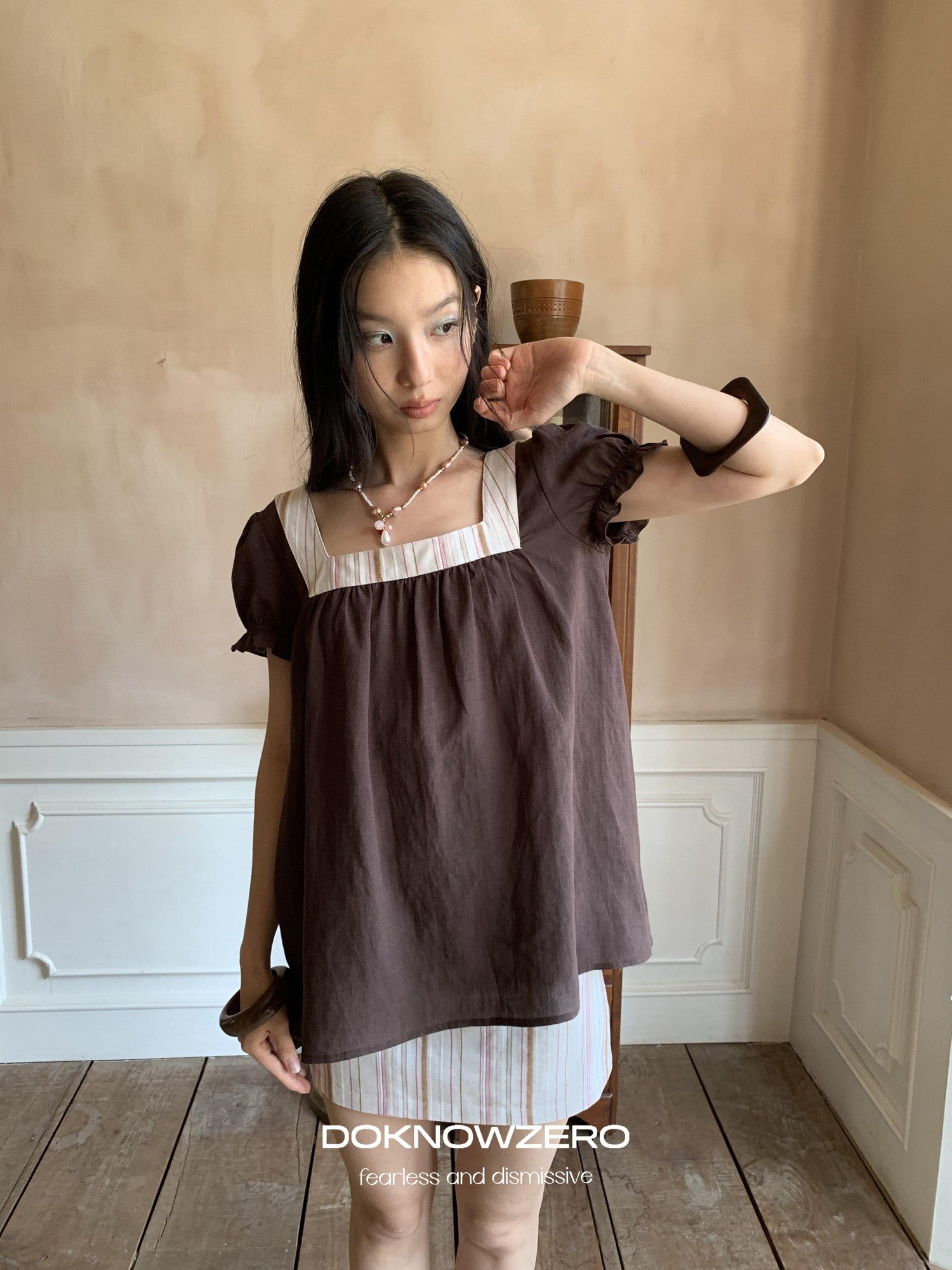 DKZ OFFICIAL Striped Patchwork Lantern Sleeve Women&
