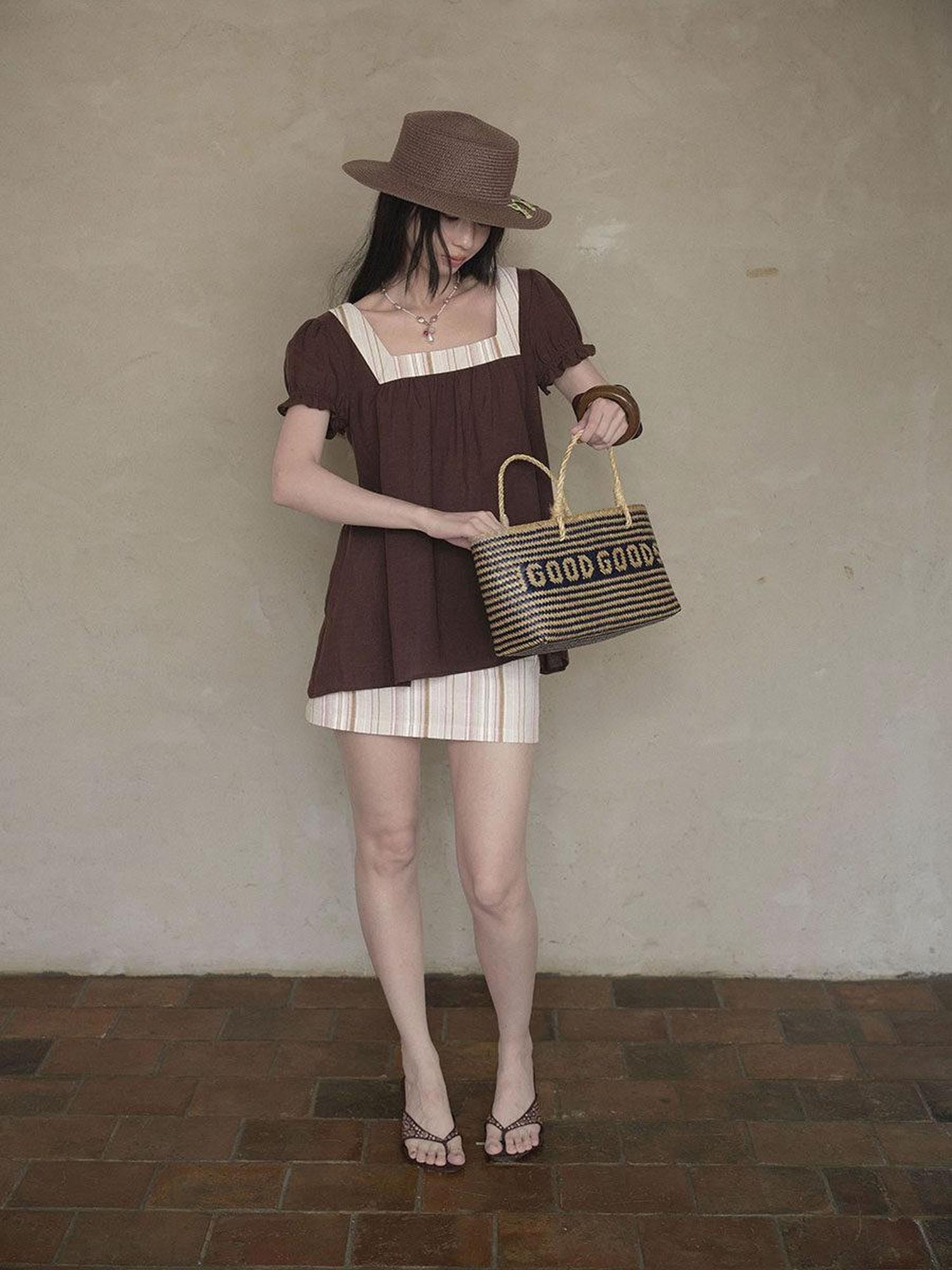 DKZ OFFICIAL Striped Patchwork Lantern Sleeve Women&