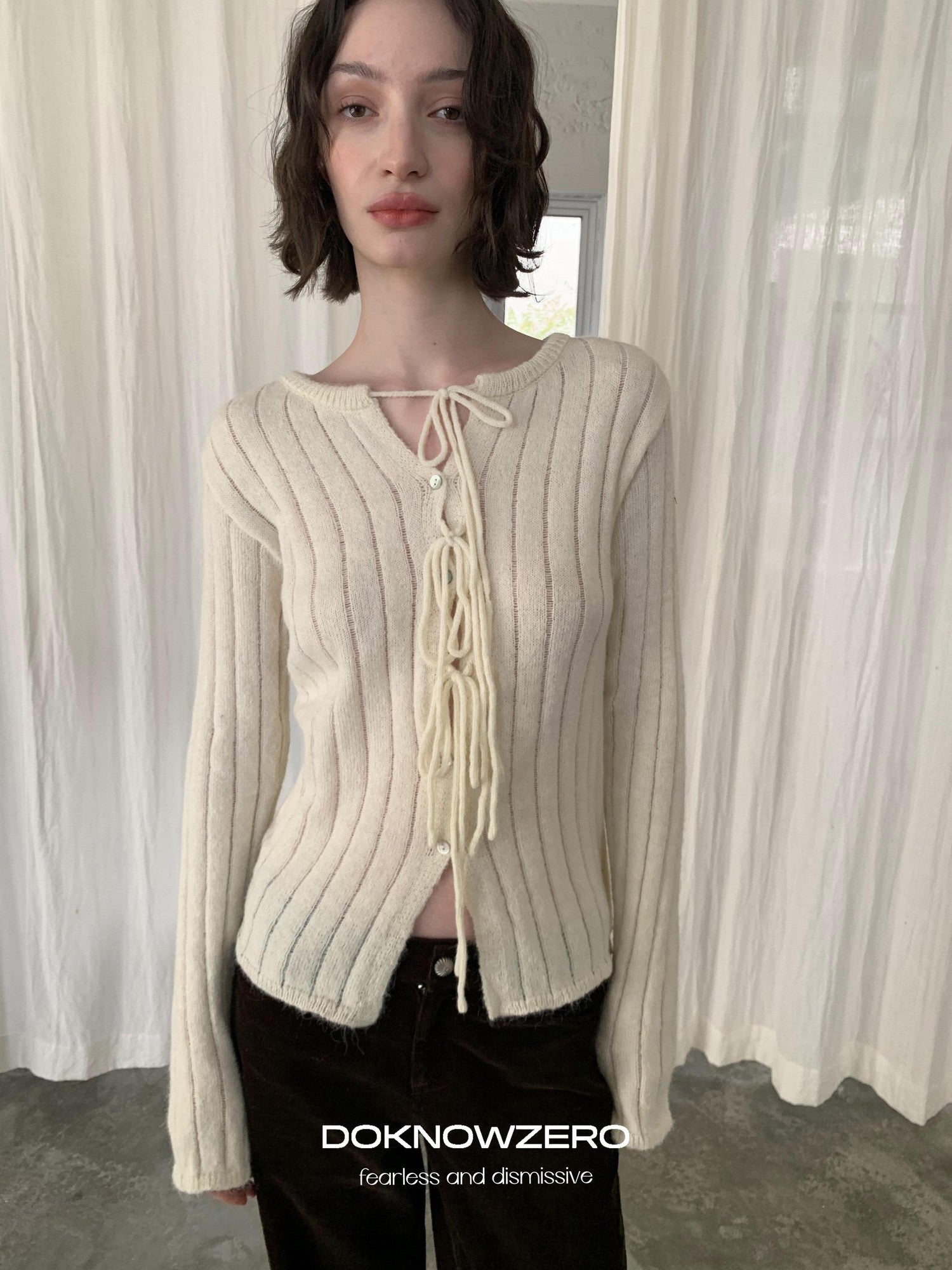 DKZ OFFICIAL Striped Tie Front Knit Round Neck Long Sleeve Women&