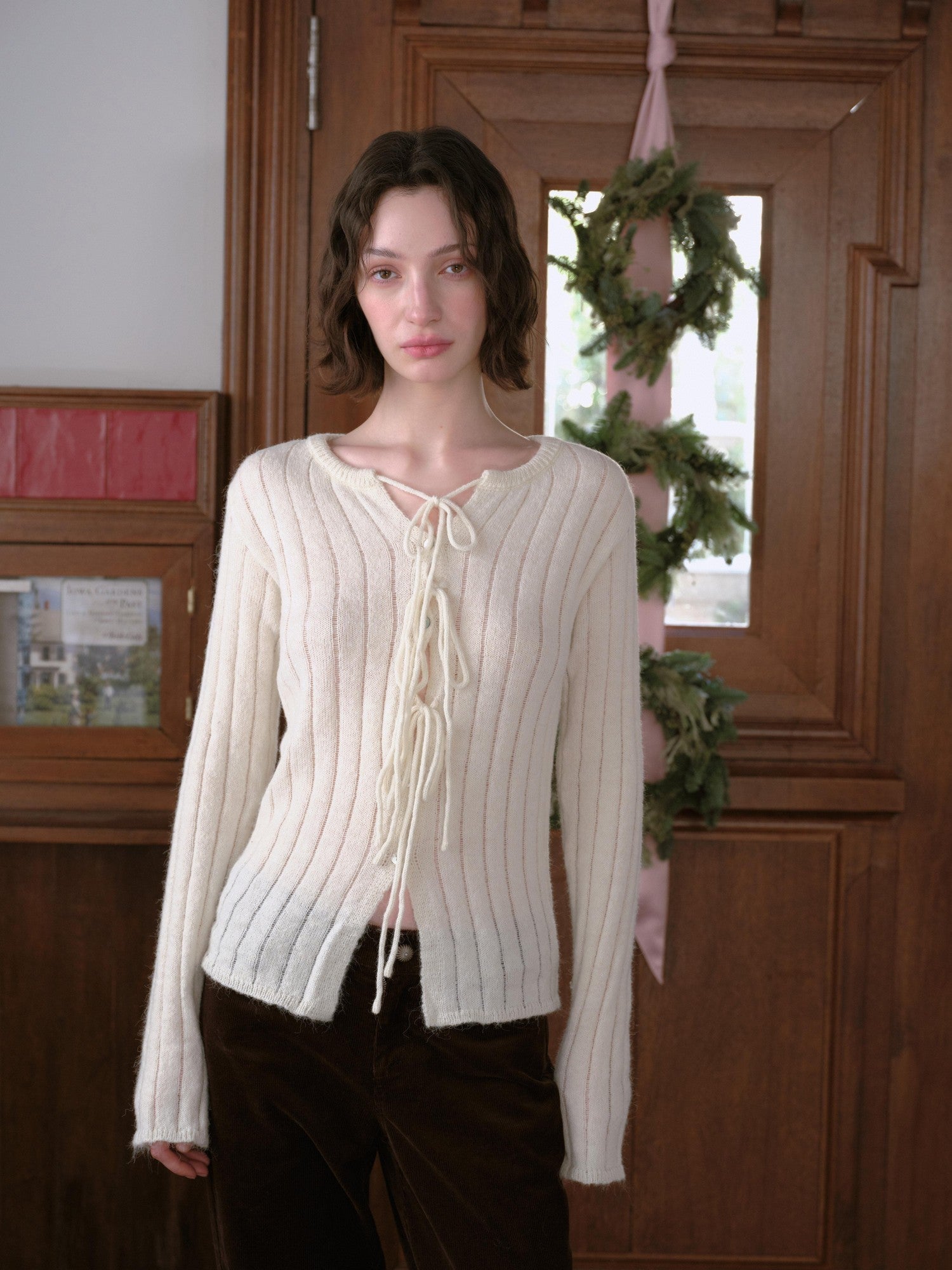 DKZ OFFICIAL Striped Tie Front Knit Round Neck Long Sleeve Women&