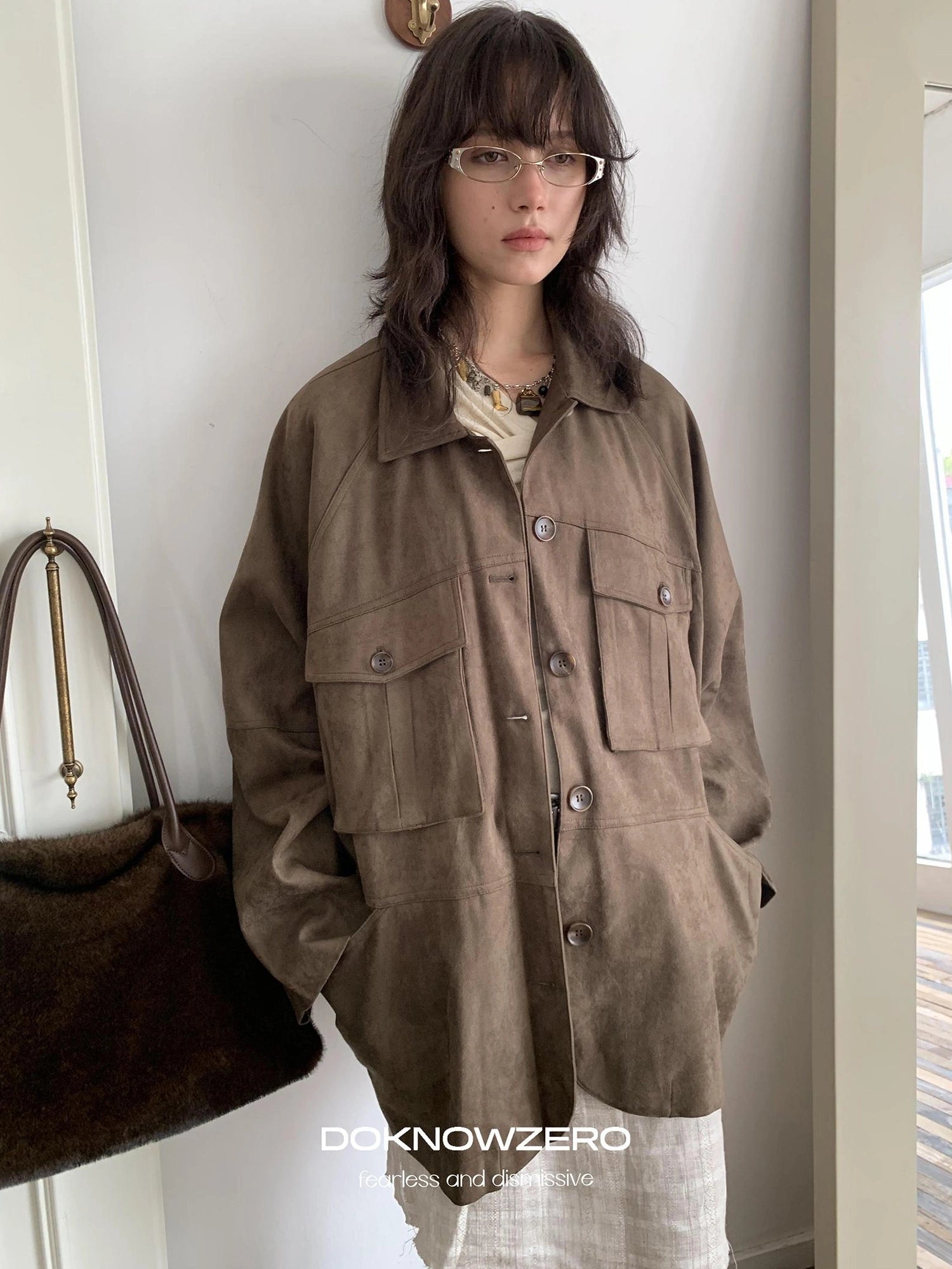 DKZ OFFICIAL Suede Utility Jacket In Coffee Brown