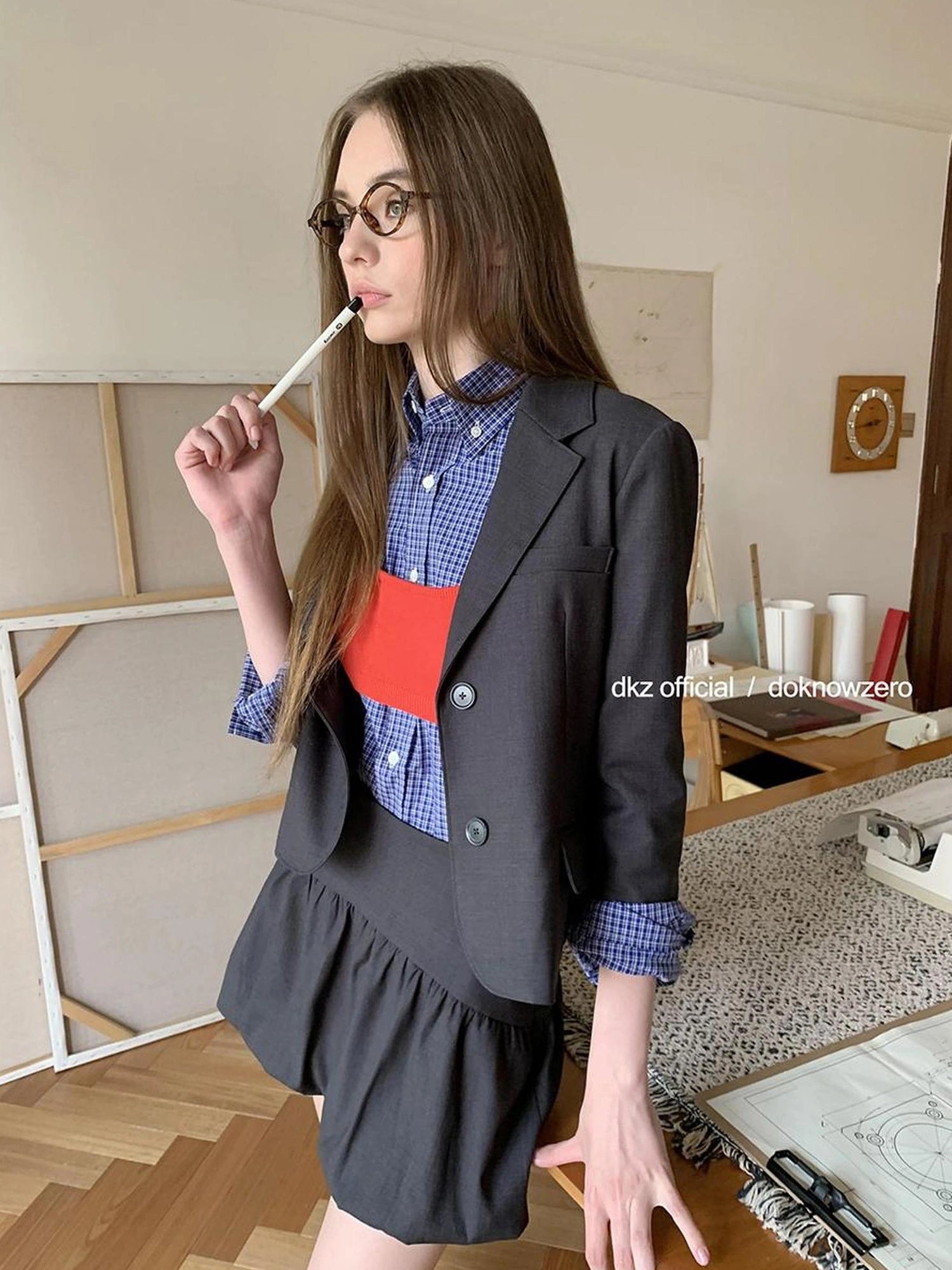 DKZ OFFICIAL Tailored Shoulder Crop Blazer Peplum Skirt Set