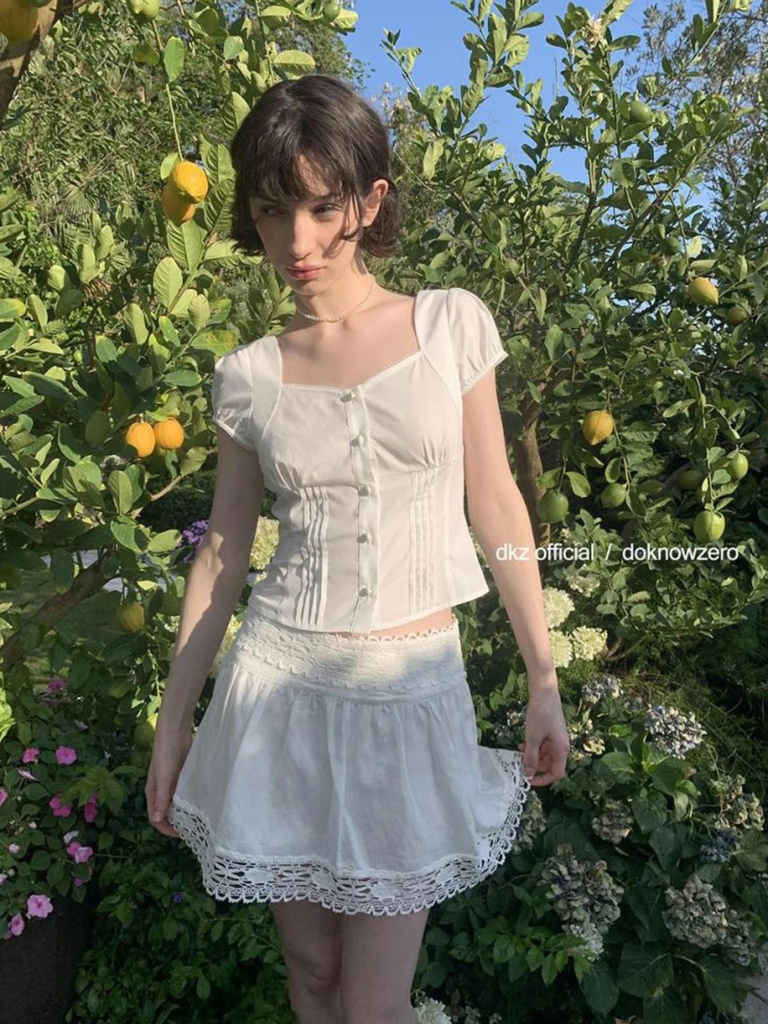 DKZ OFFICIAL Tencel Linen Blend Ballet Short Skirt With Lace Trim