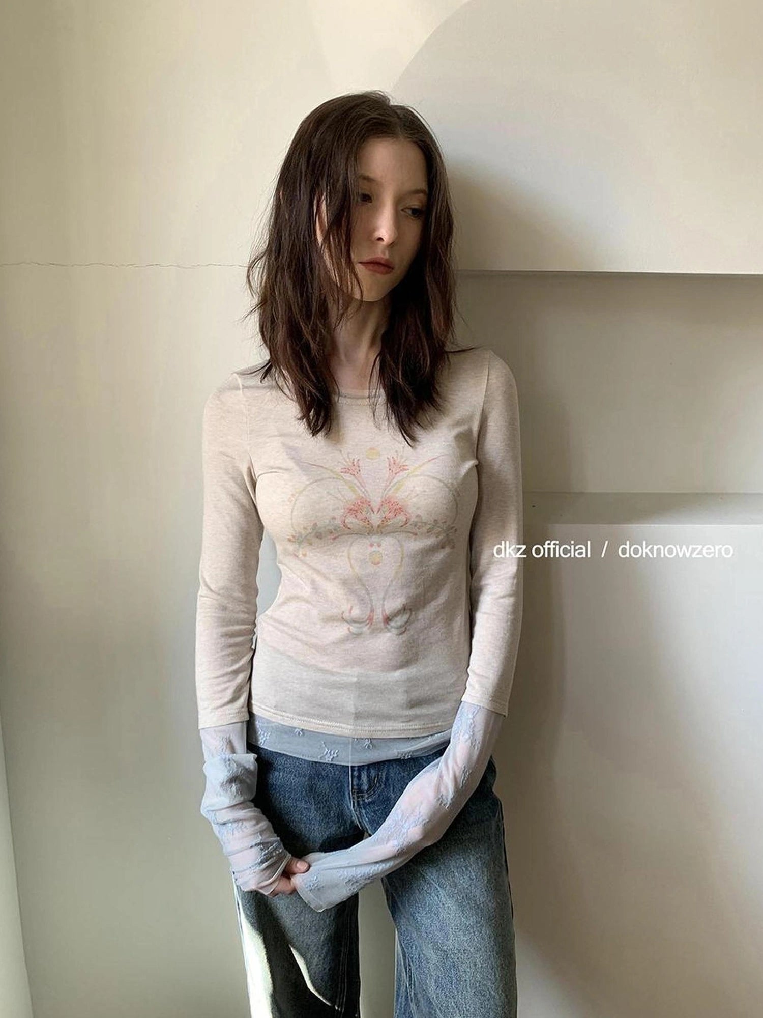 DKZ OFFICIAL Tencel Wool Blend Lace Print Long Sleeve Tee