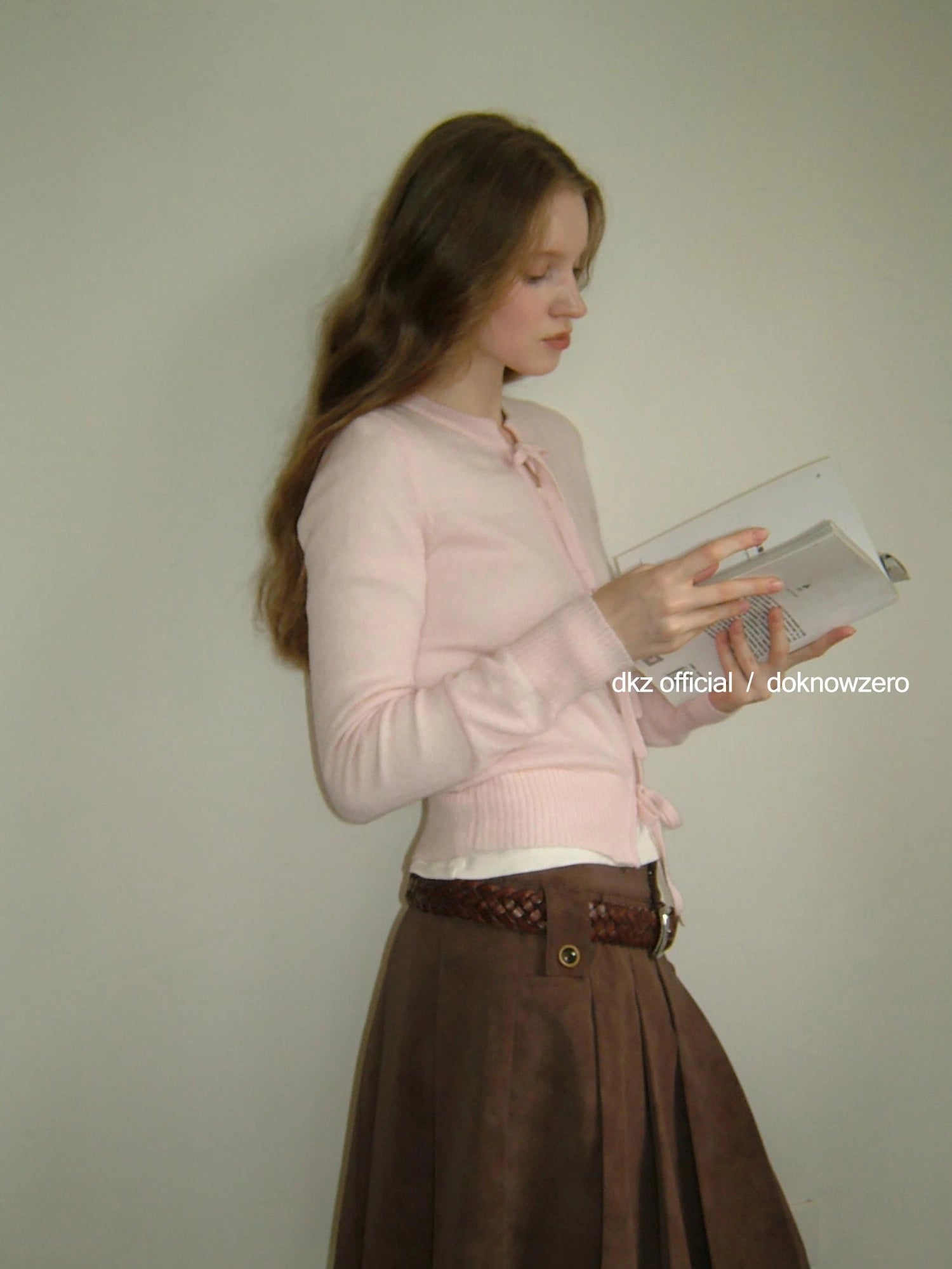 DKZ OFFICIAL Tie Front Pink Knit Cardigan For Women Fall Design