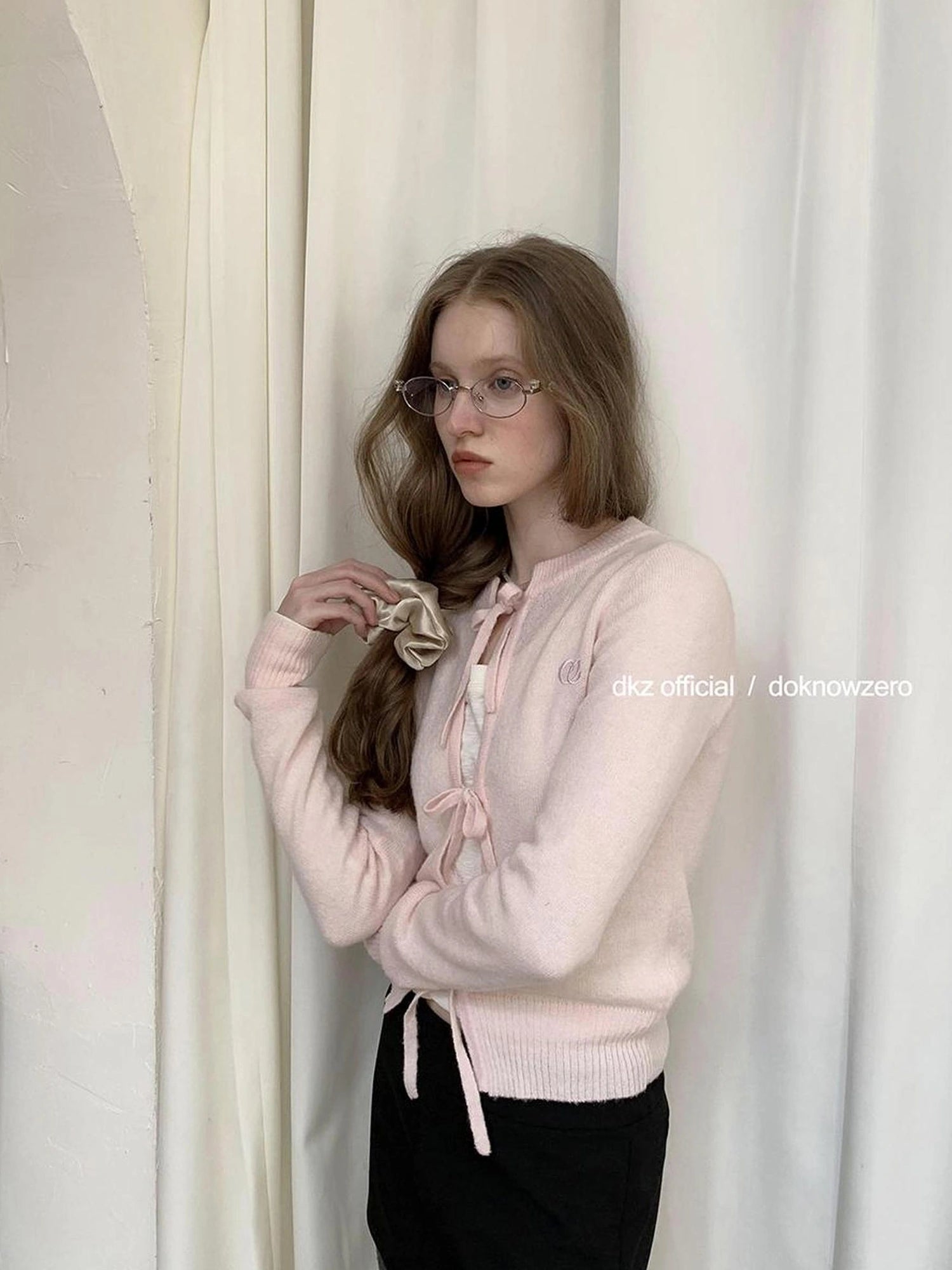 DKZ OFFICIAL Tie Front Pink Knit Cardigan For Women Fall Design