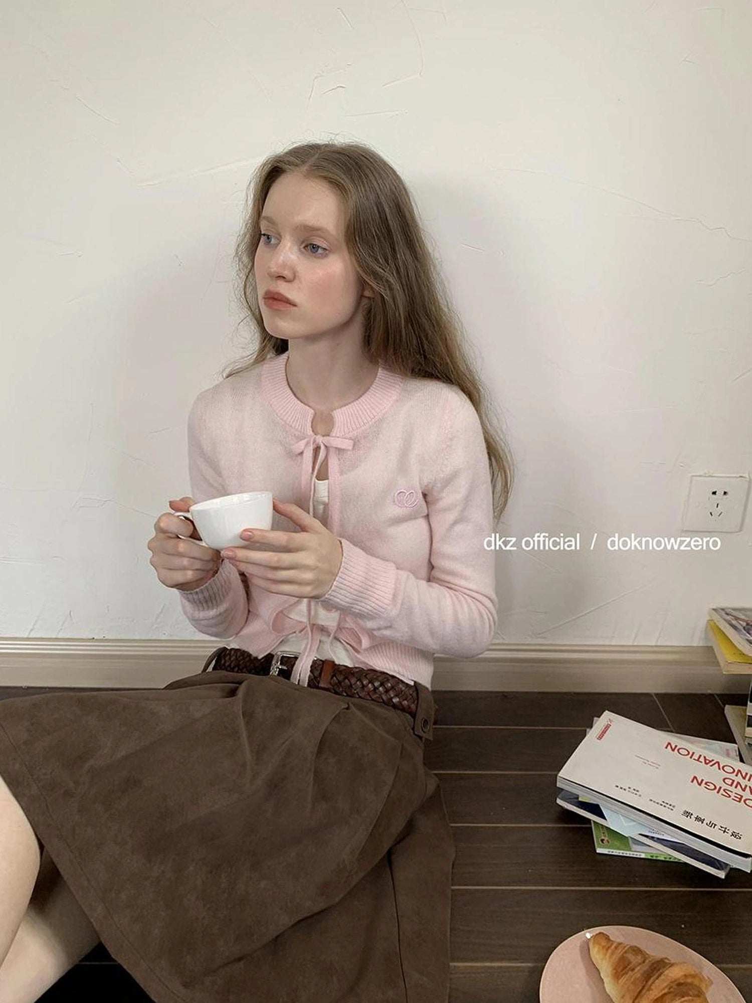 DKZ OFFICIAL Tie Front Pink Knit Cardigan For Women Fall Design