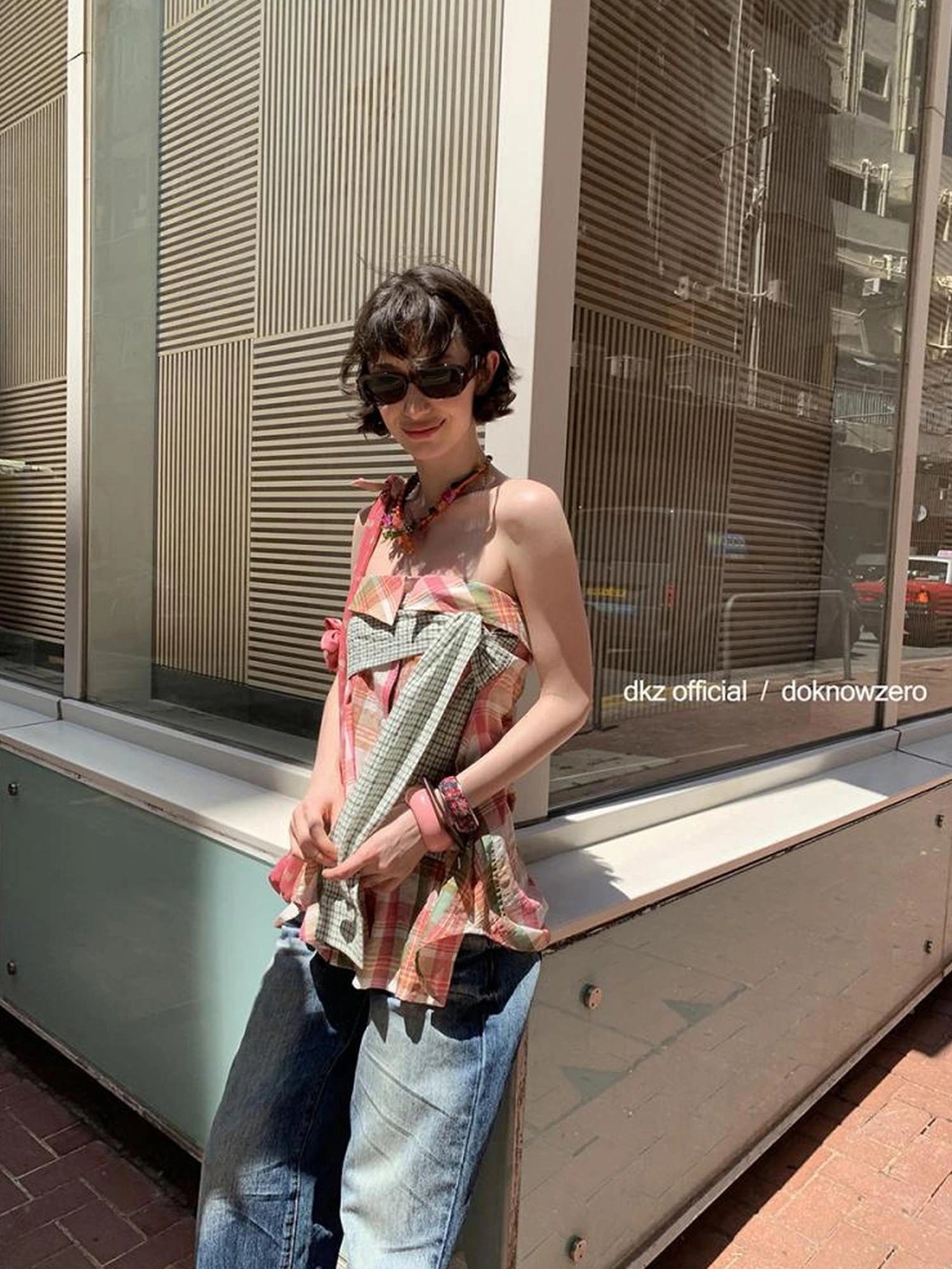 DKZ OFFICIAL Two Way Pink Plaid Skirt With Retro Corset Top