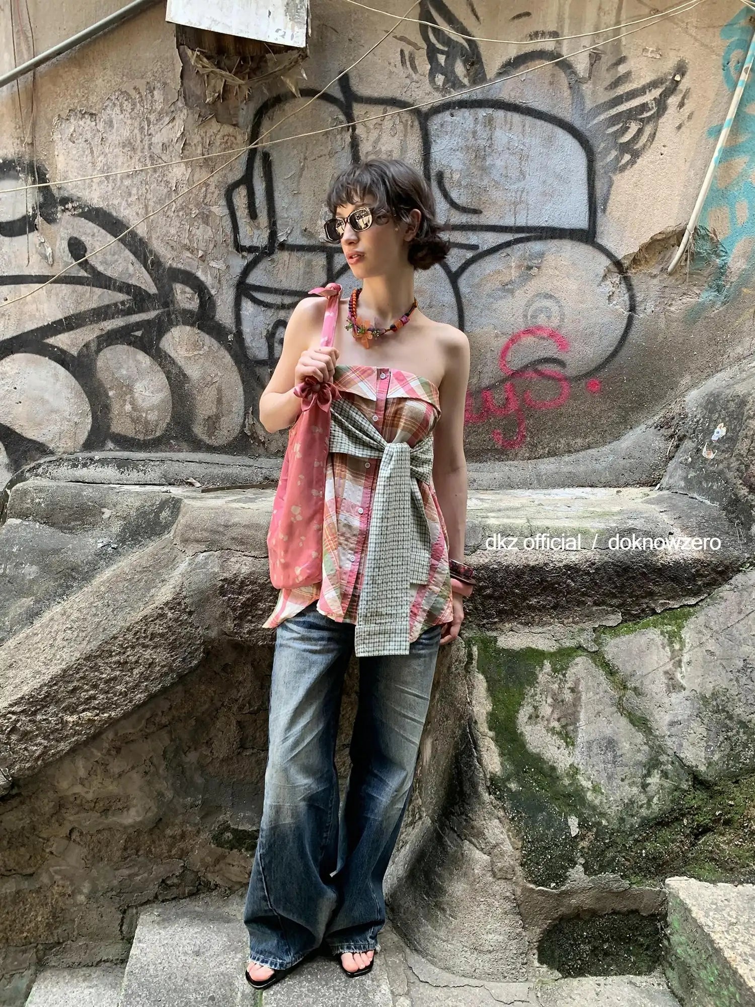 DKZ OFFICIAL Two Way Pink Plaid Skirt With Retro Corset Top