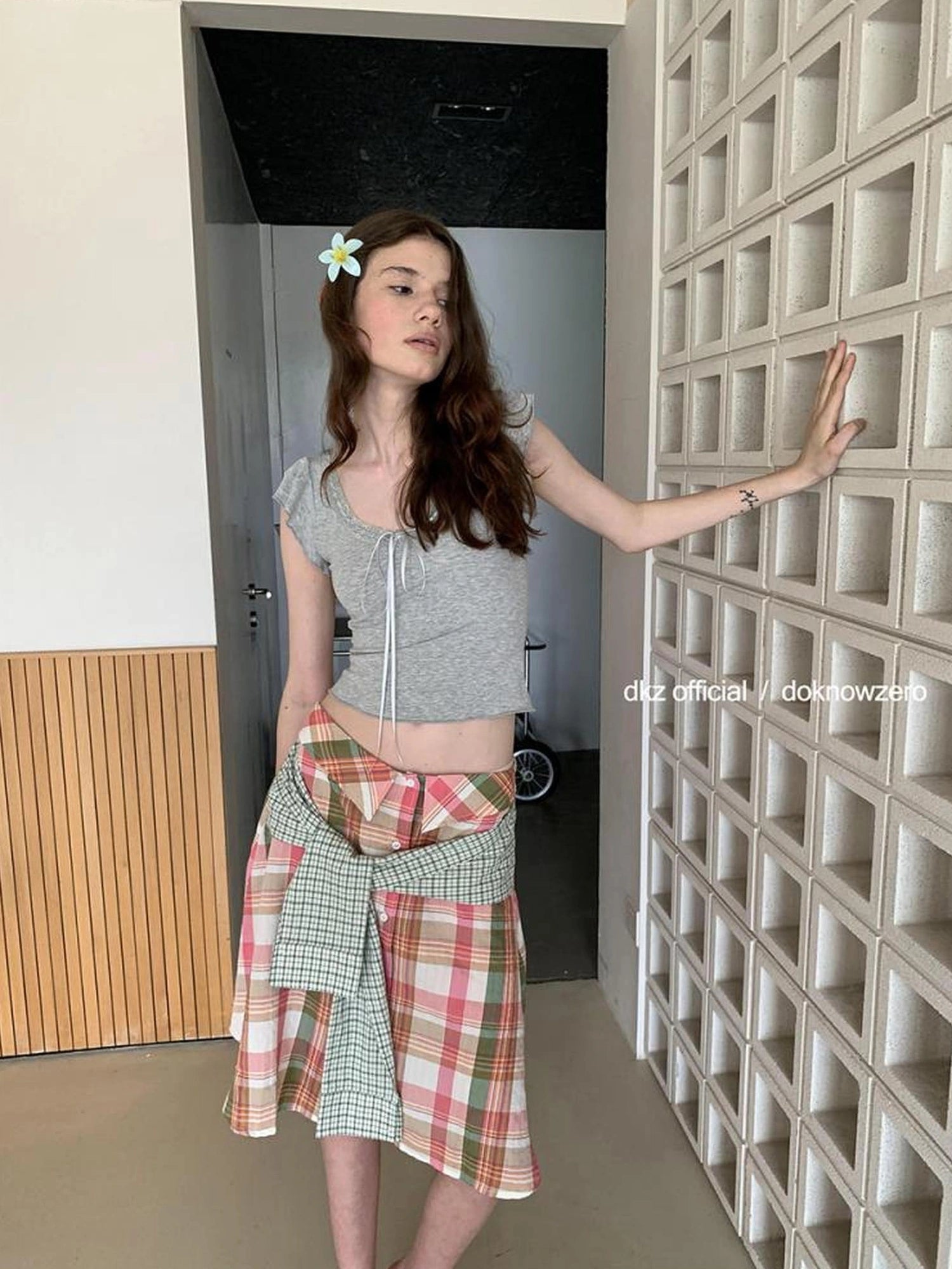 DKZ OFFICIAL Two Way Pink Plaid Skirt With Retro Corset Top