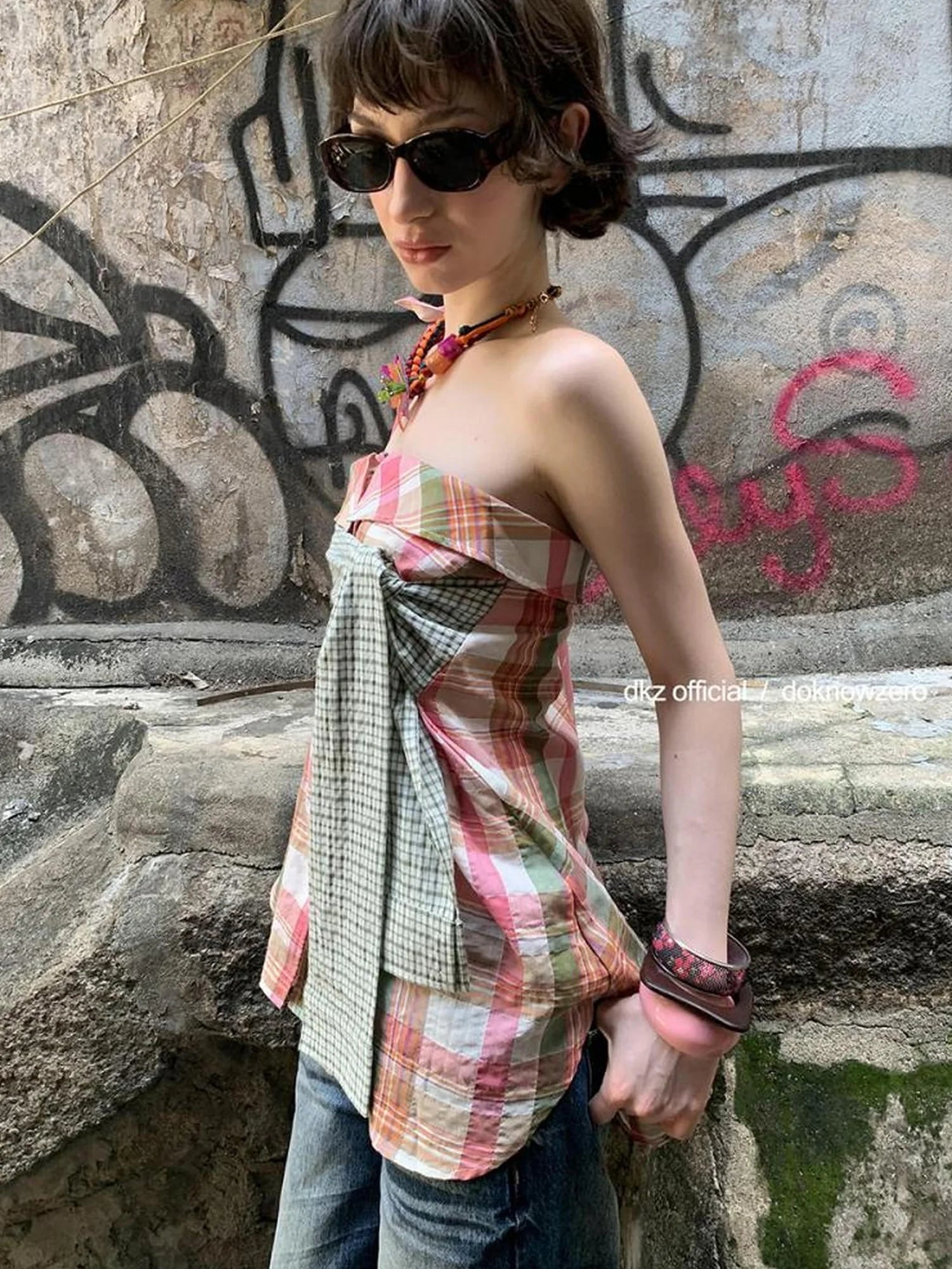 DKZ OFFICIAL Two Way Pink Plaid Skirt With Retro Corset Top