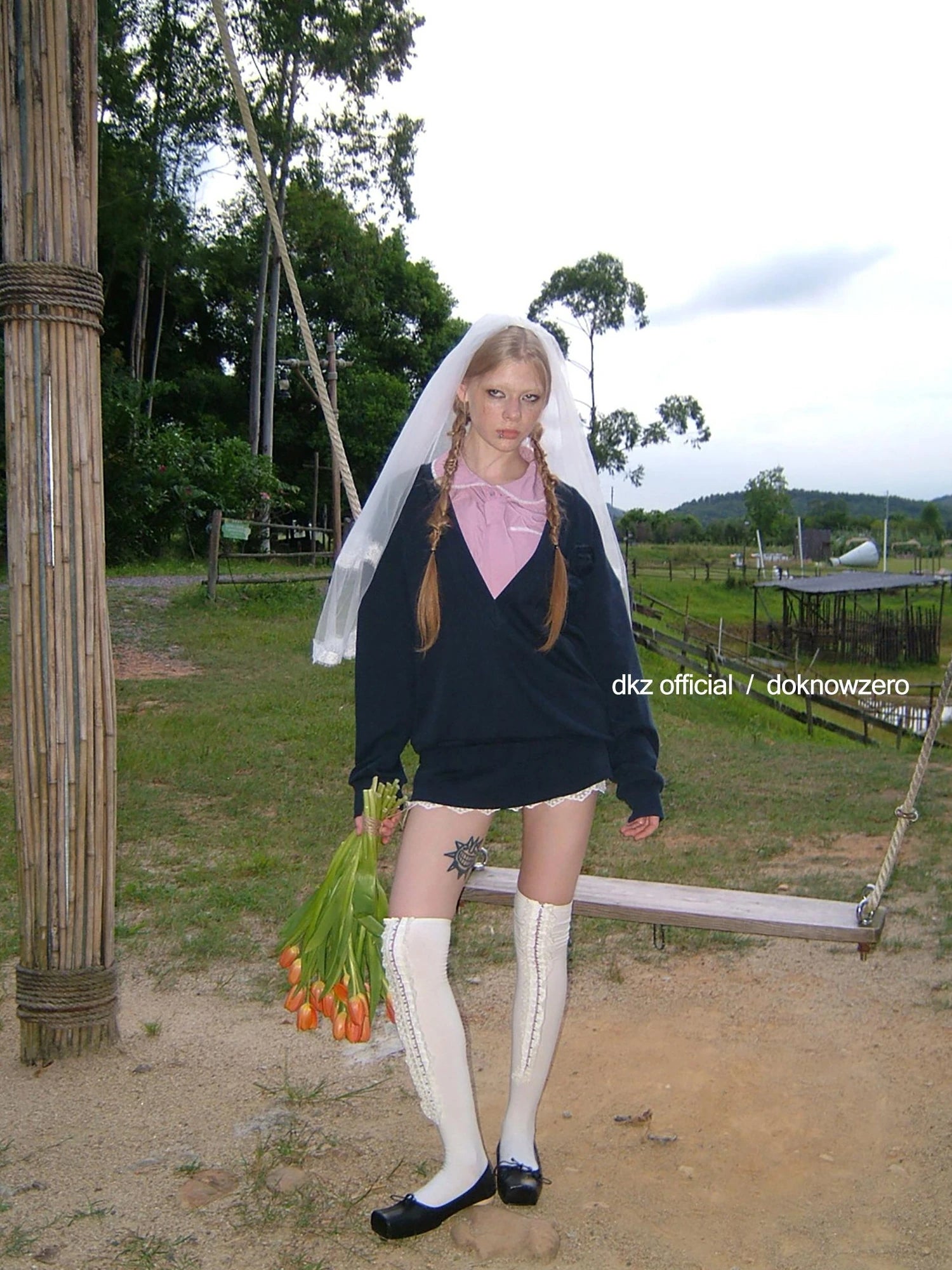 DKZ OFFICIAL V-Neck Loose Sweater With Lace Tiered Skirt Set