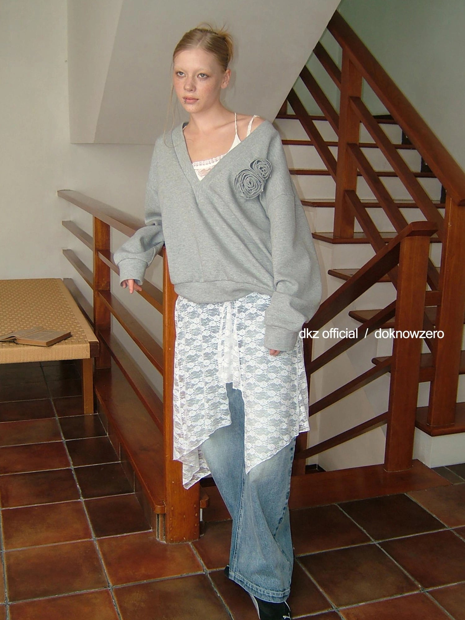 DKZ OFFICIAL V-Neck Loose Sweater With Lace Tiered Skirt Set