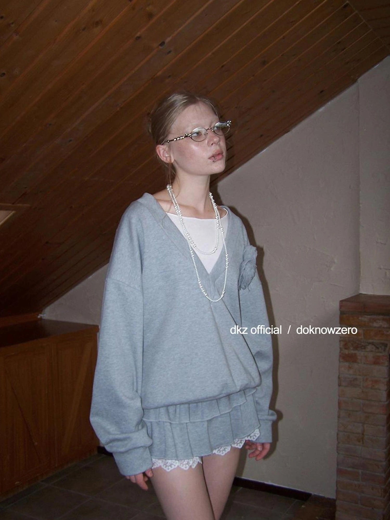 DKZ OFFICIAL V-Neck Loose Sweater With Lace Tiered Skirt Set