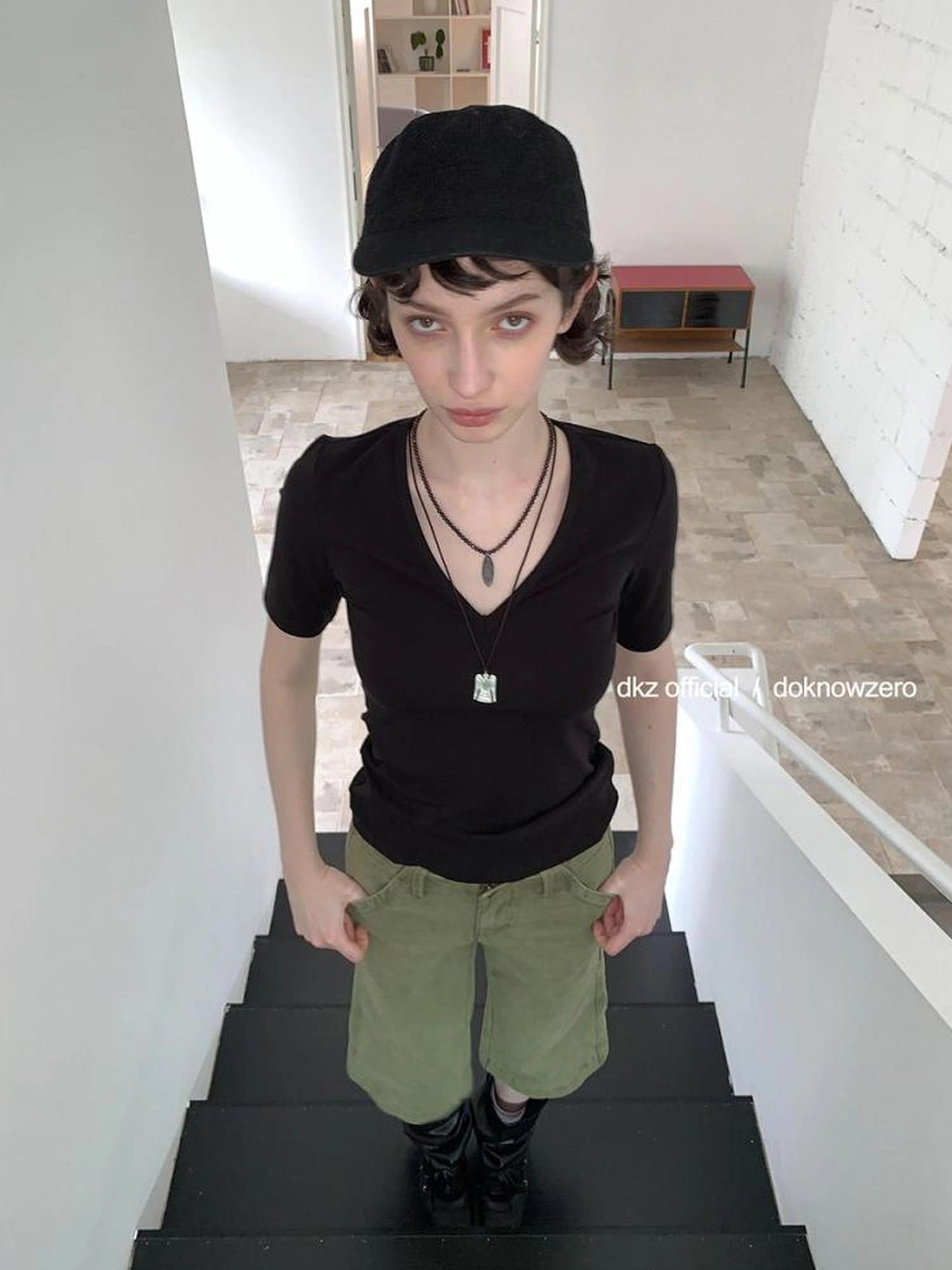 DKZ OFFICIAL V-Neck Solid Basic Mid-Sleeve T-Shirt For Women