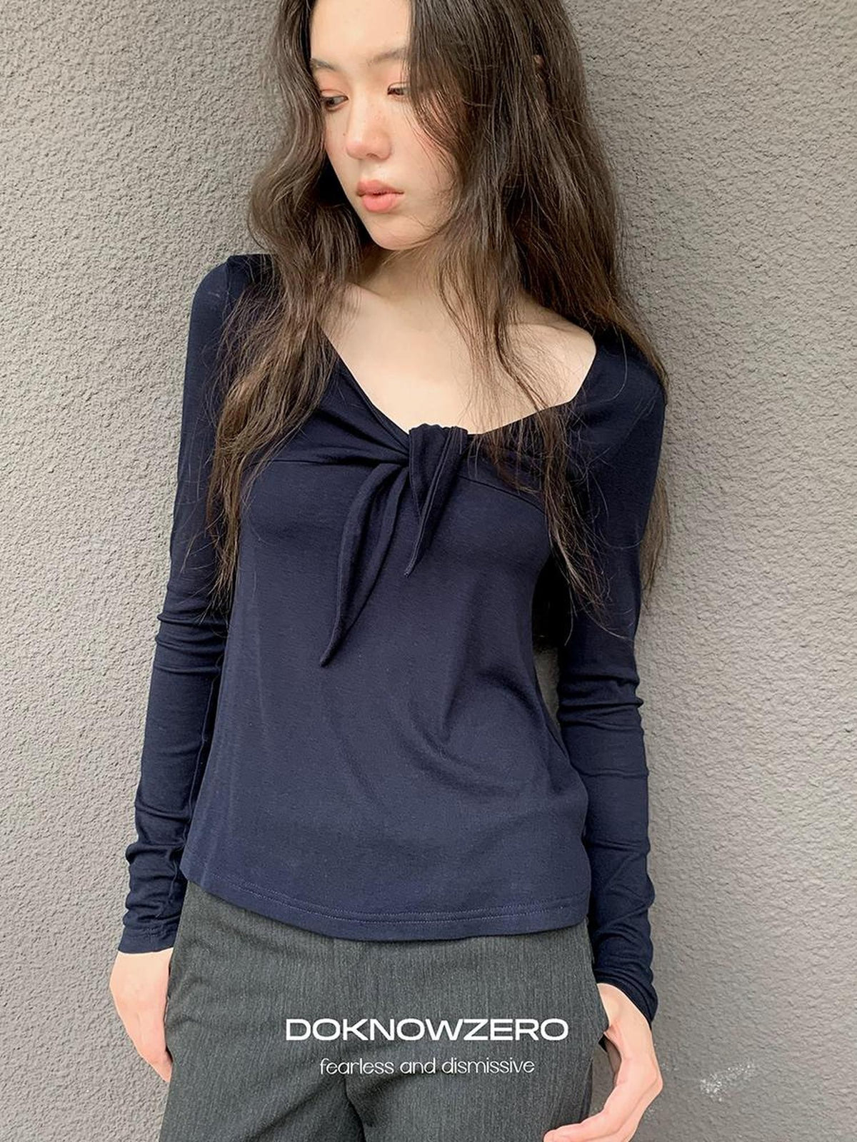 DKZ OFFICIAL V-neck Knotted A Line Slim Fit Wool Blend Women&