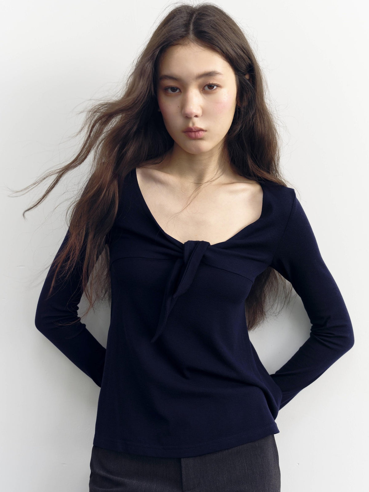 DKZ OFFICIAL V-neck Knotted A Line Slim Fit Wool Blend Women&