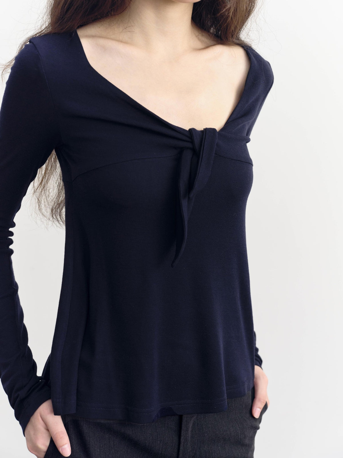 DKZ OFFICIAL V-neck Knotted A Line Slim Fit Wool Blend Women&