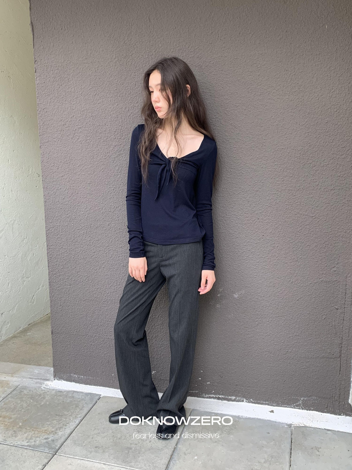 DKZ OFFICIAL V-neck Knotted A Line Slim Fit Wool Blend Women&