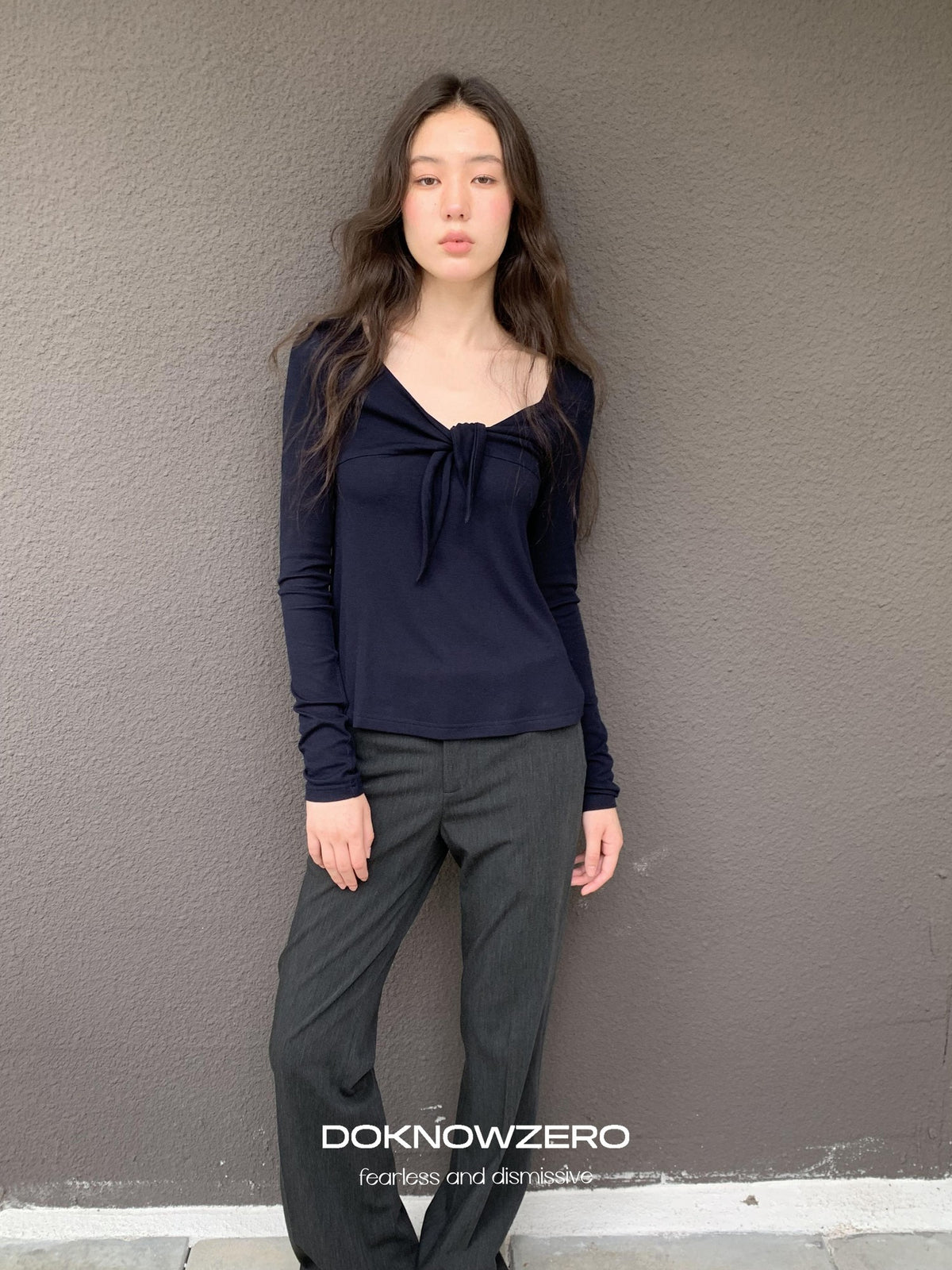 DKZ OFFICIAL V-neck Knotted A Line Slim Fit Wool Blend Women&