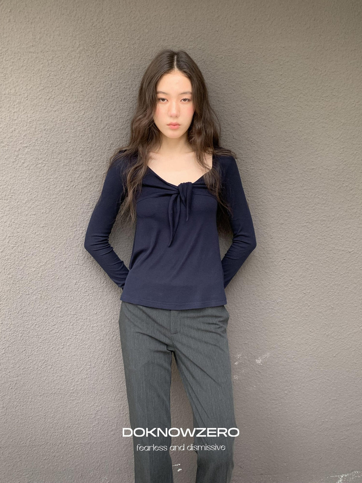 DKZ OFFICIAL V-neck Knotted A Line Slim Fit Wool Blend Women&