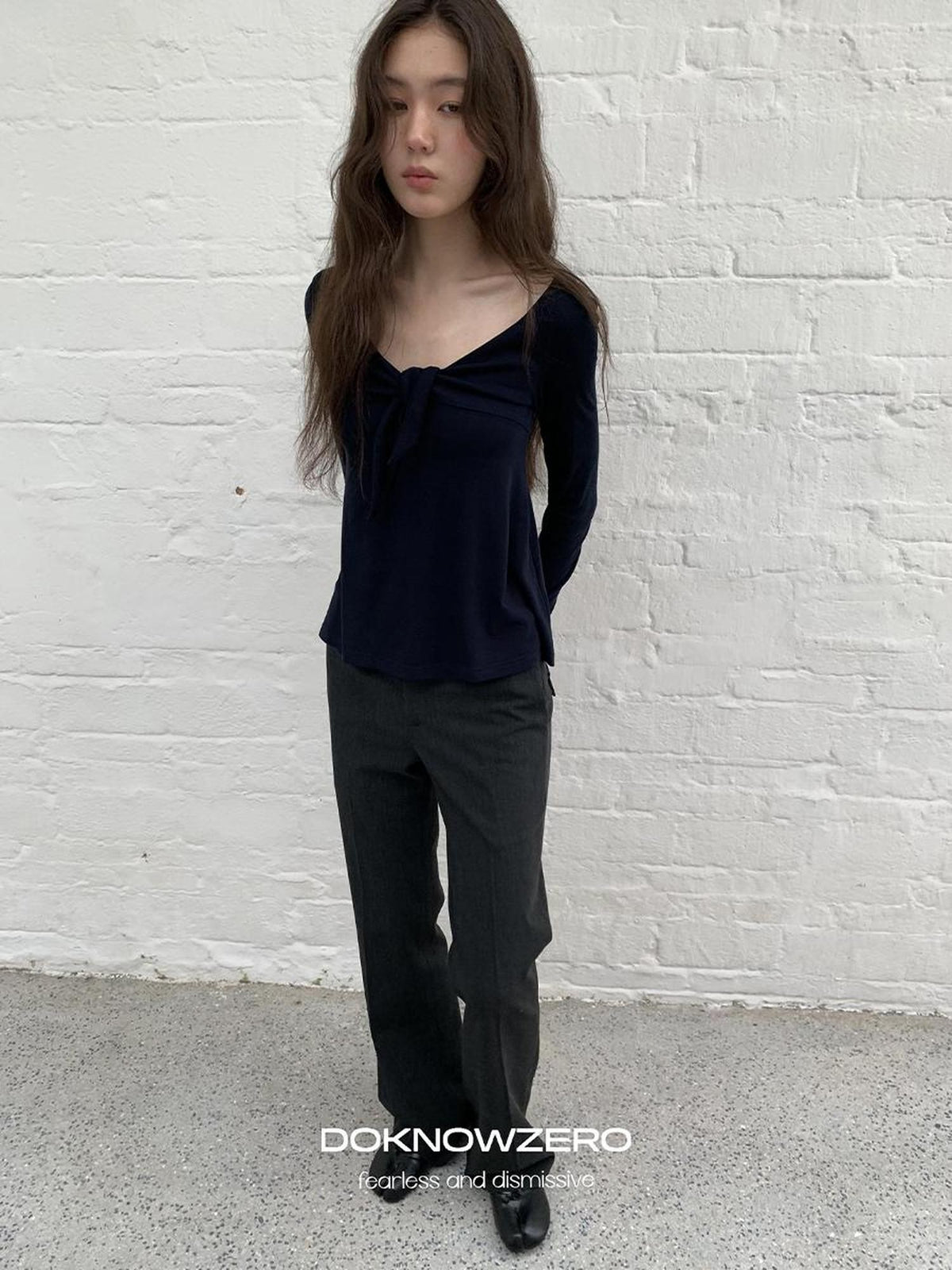 DKZ OFFICIAL V-neck Knotted A Line Slim Fit Wool Blend Women&