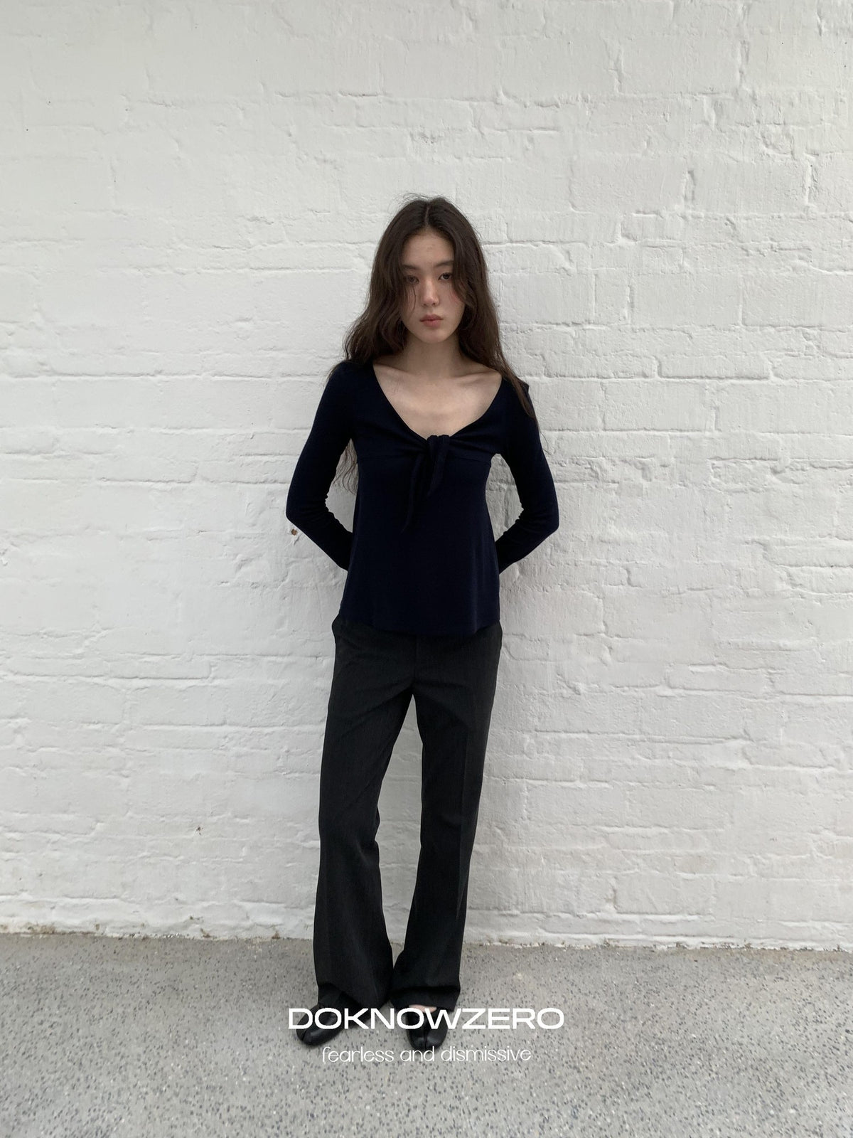 DKZ OFFICIAL V-neck Knotted A Line Slim Fit Wool Blend Women&