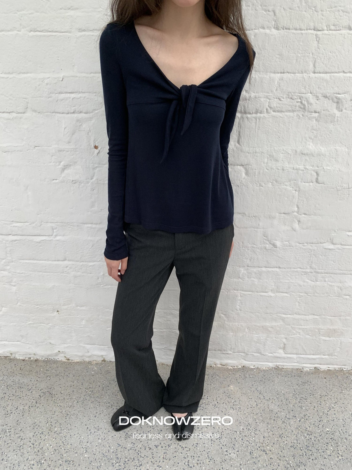 DKZ OFFICIAL V-neck Knotted A Line Slim Fit Wool Blend Women&