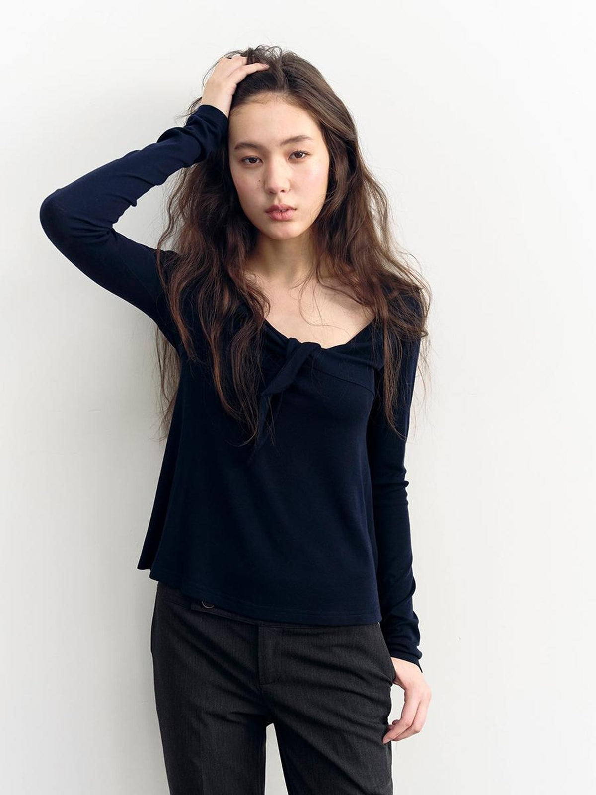 DKZ OFFICIAL V-neck Knotted A Line Slim Fit Wool Blend Women&