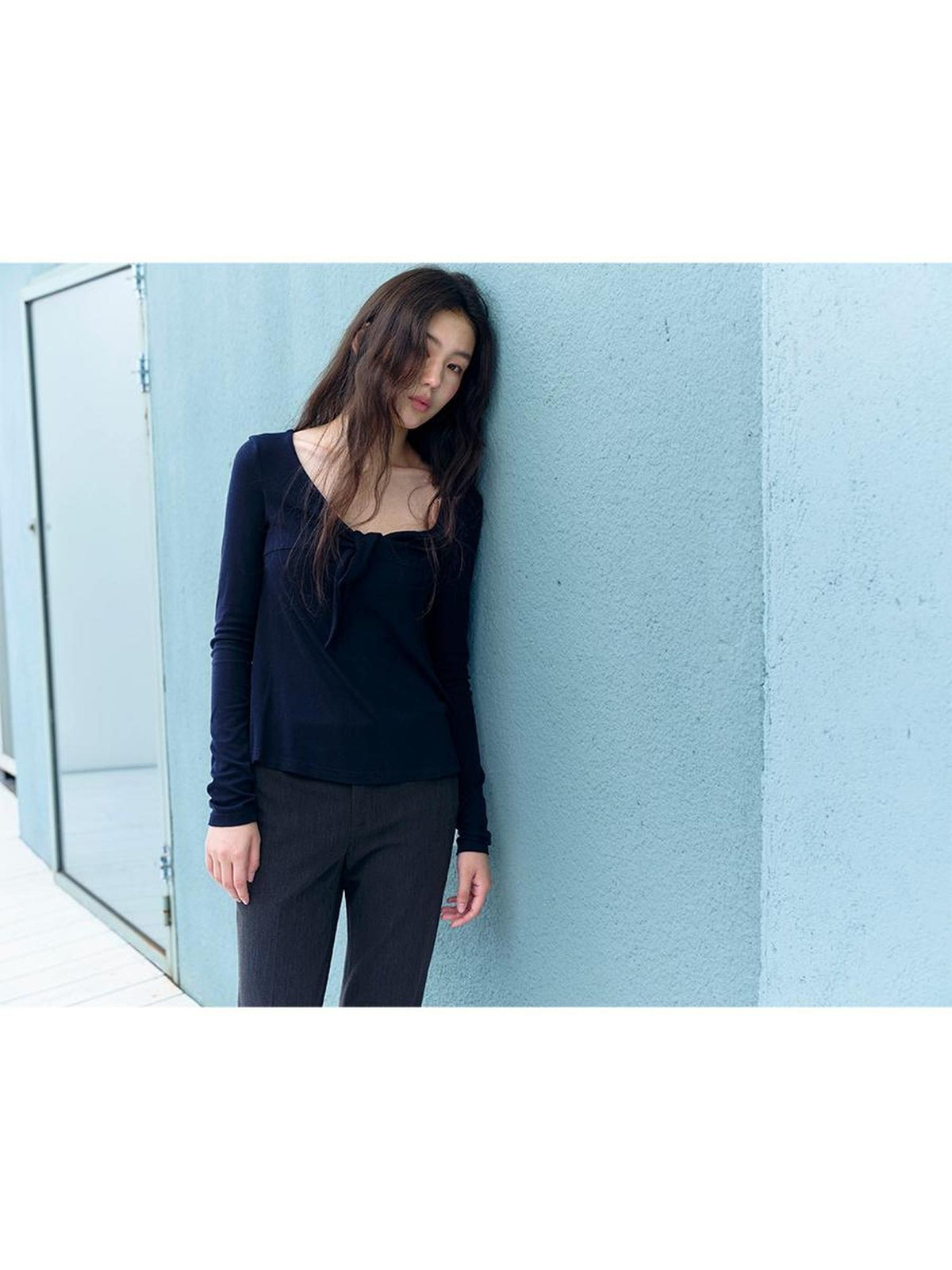 DKZ OFFICIAL V-neck Knotted A Line Slim Fit Wool Blend Women&